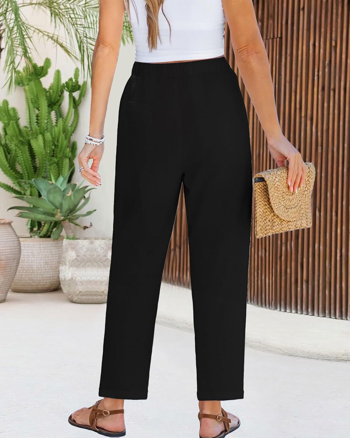 PIDOGYM Women's Linen Capri Pants, Lightweight Casual Summer Pants with Drawstring Elastic Waist & Lace Side - Image 3