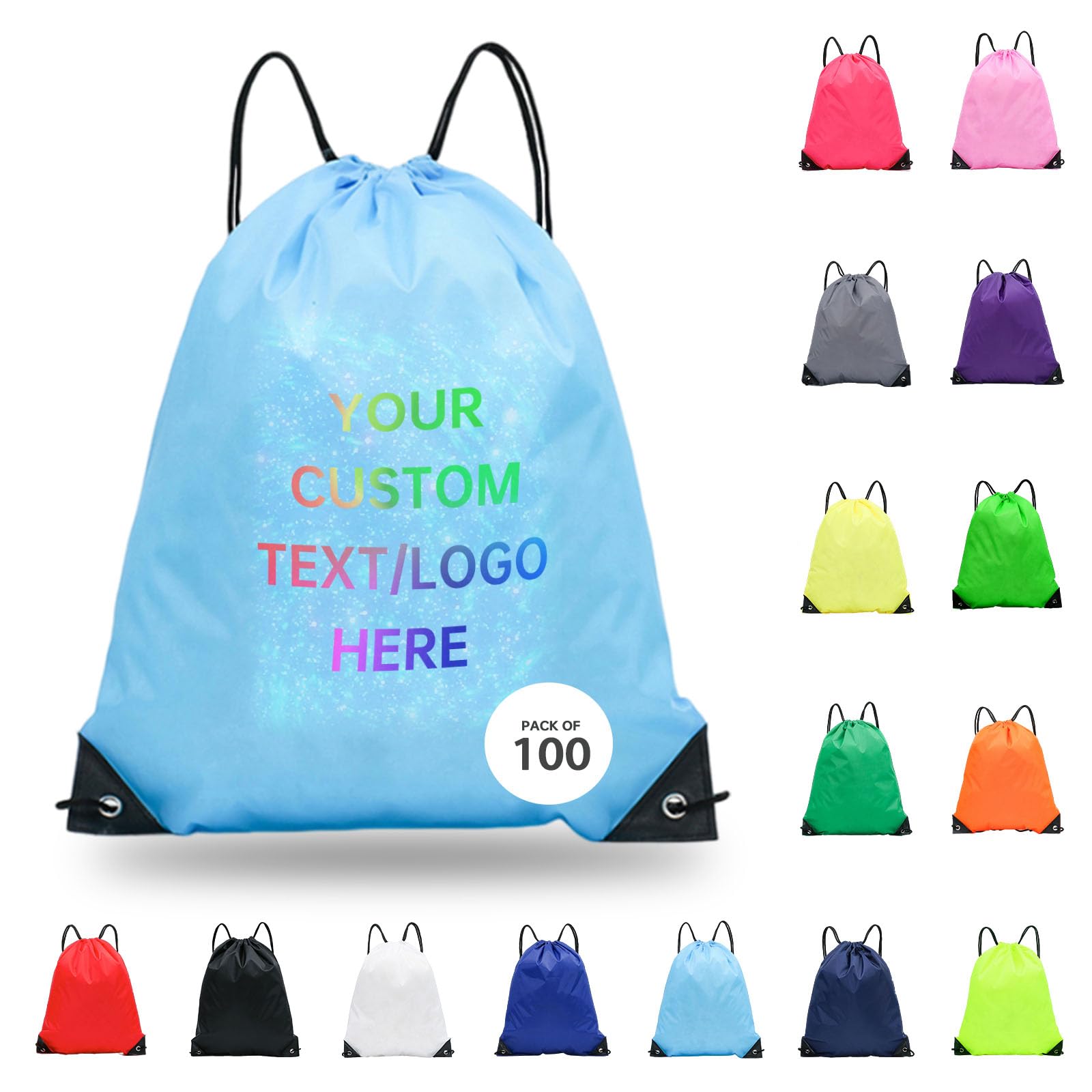 JEOHLORY pack of 100 Custom Bags With Your Logo,customized backpack,promotional items,Drawstring Backpacks,Great for Everyday Use (Custom Sky Blue)