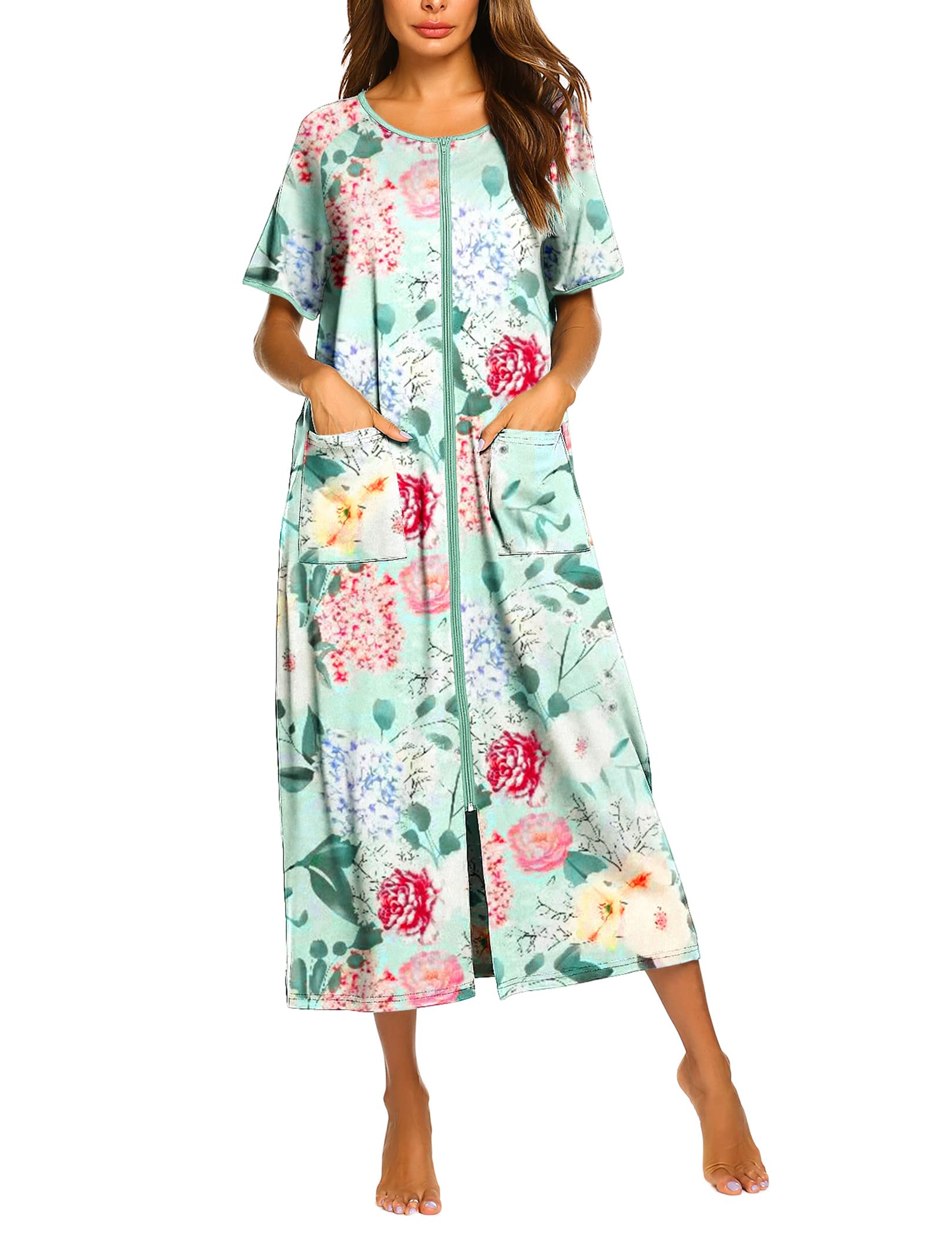 Ekouaer Women Robes Zipper Front Short Sleeve Full Length Housecoat with Pockets Loungewear S-4XL