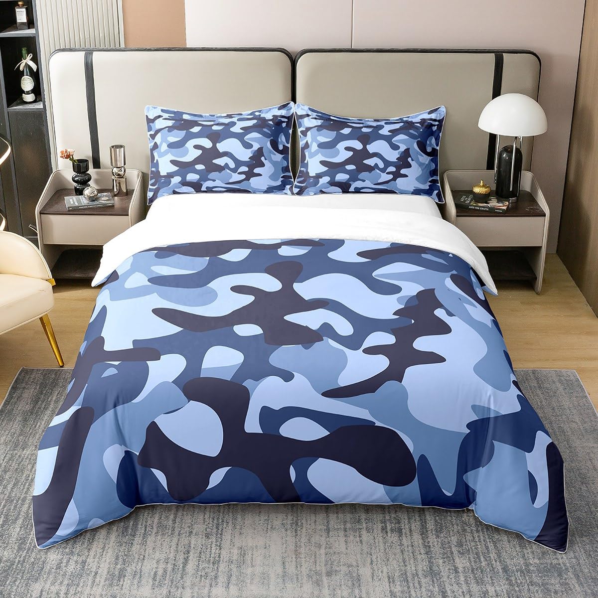 jejeloiu Kids Boys Camo Duvet Cover 100% Cotton Army Camouflage Lightweight Bedding for Girls Teens Youth Man Navy Blue Decor Black Blue Quilt Cover Room Decor 3Pcs Queen Size Zipper