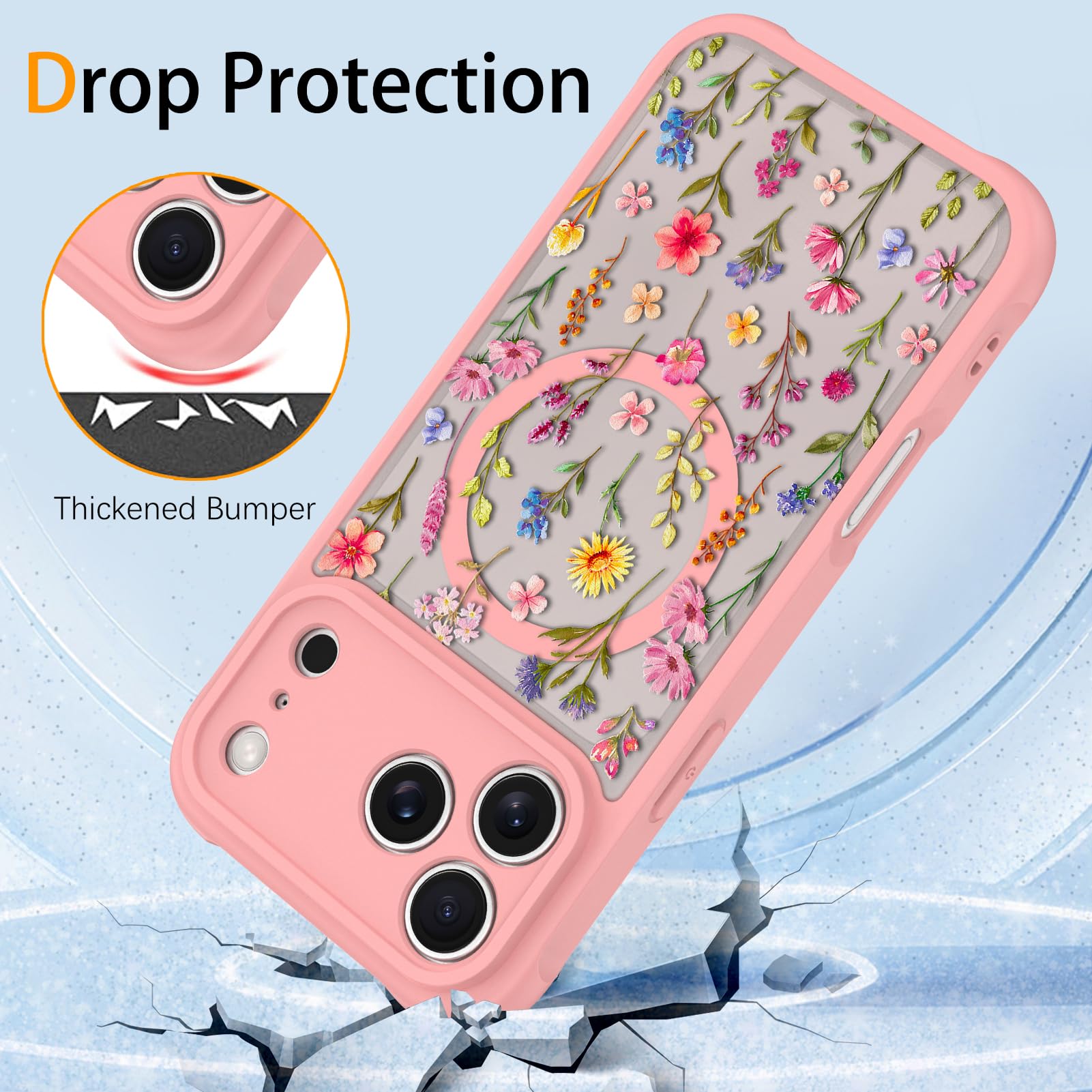 Coque magnétique conçue pour iPhone 17 Pro Max, motif floral rose