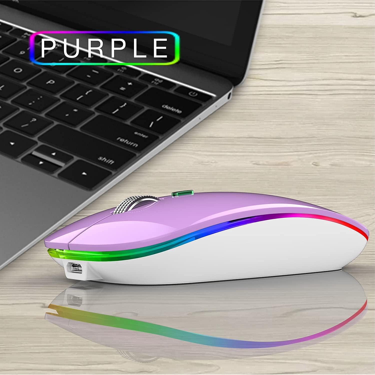 Uiosmuph LED Wireless Mouse, G12 Slim Rechargeable Wireless Silent Mouse, 2.4G Portable USB Optical Wireless Computer Mice with USB Receiver and Type C Adapter (Purple)
