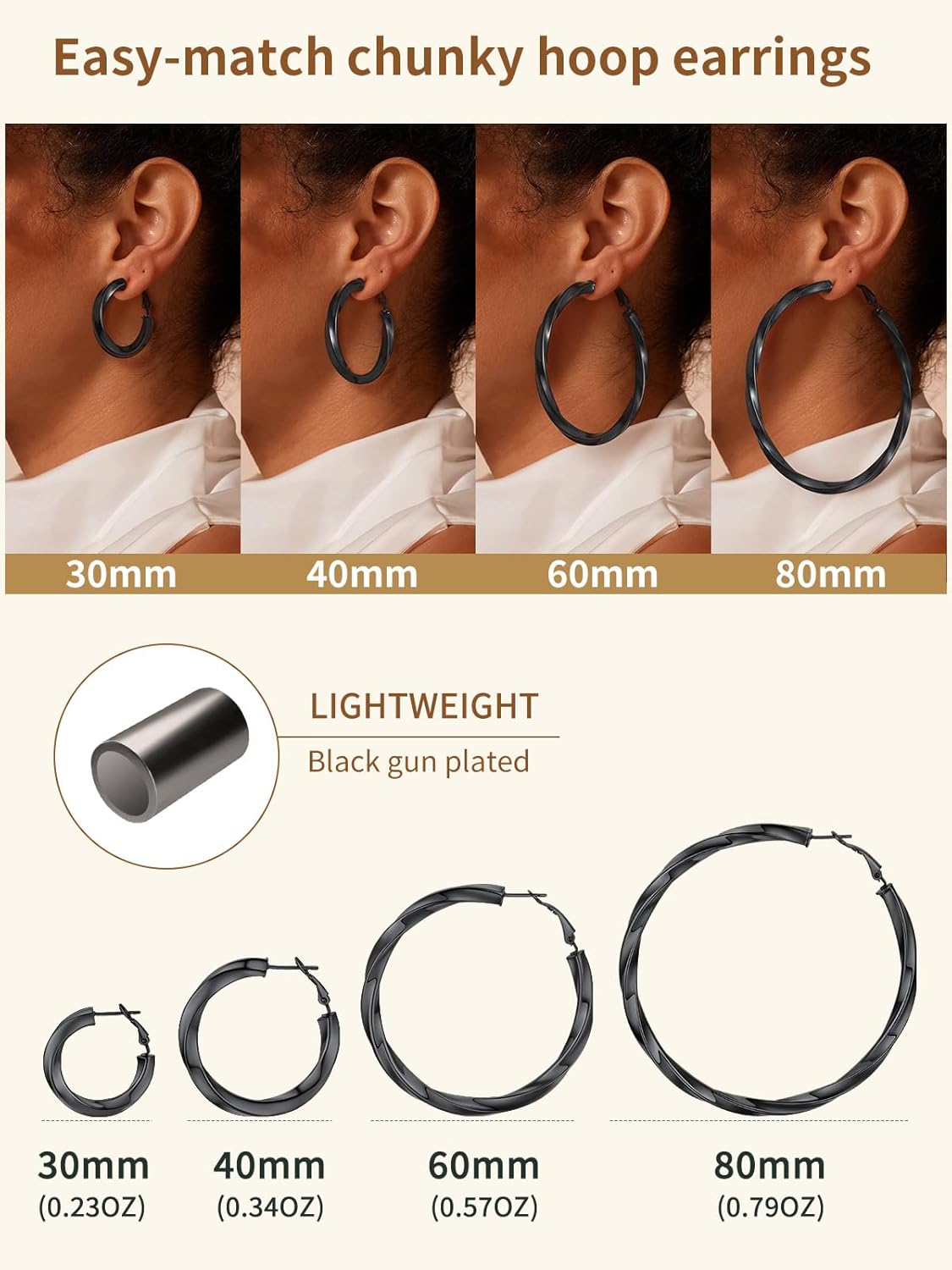 Classic Black/18K Gold Plated/Stainless Steel Hoop Earrings for Women, Size 20mm/30mm/40mm/60mm/80mm Hypoallergenic Chunky Hoops Round Loop Earrings Jewelry, with Gift Box - Image 7