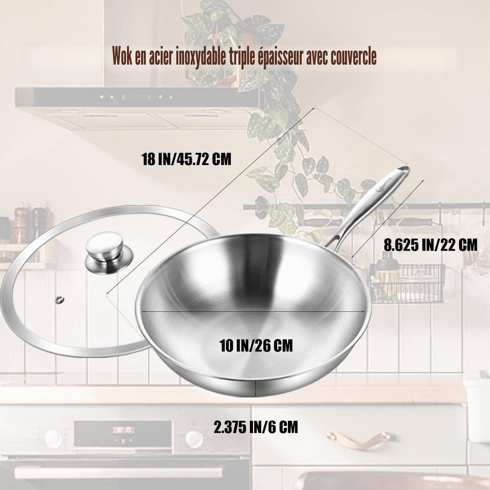 LOLYKITCH Wok Inox 26 cm, Sans Revêtement, Induction, Tous Feux, Four et Lave-Vaisselle