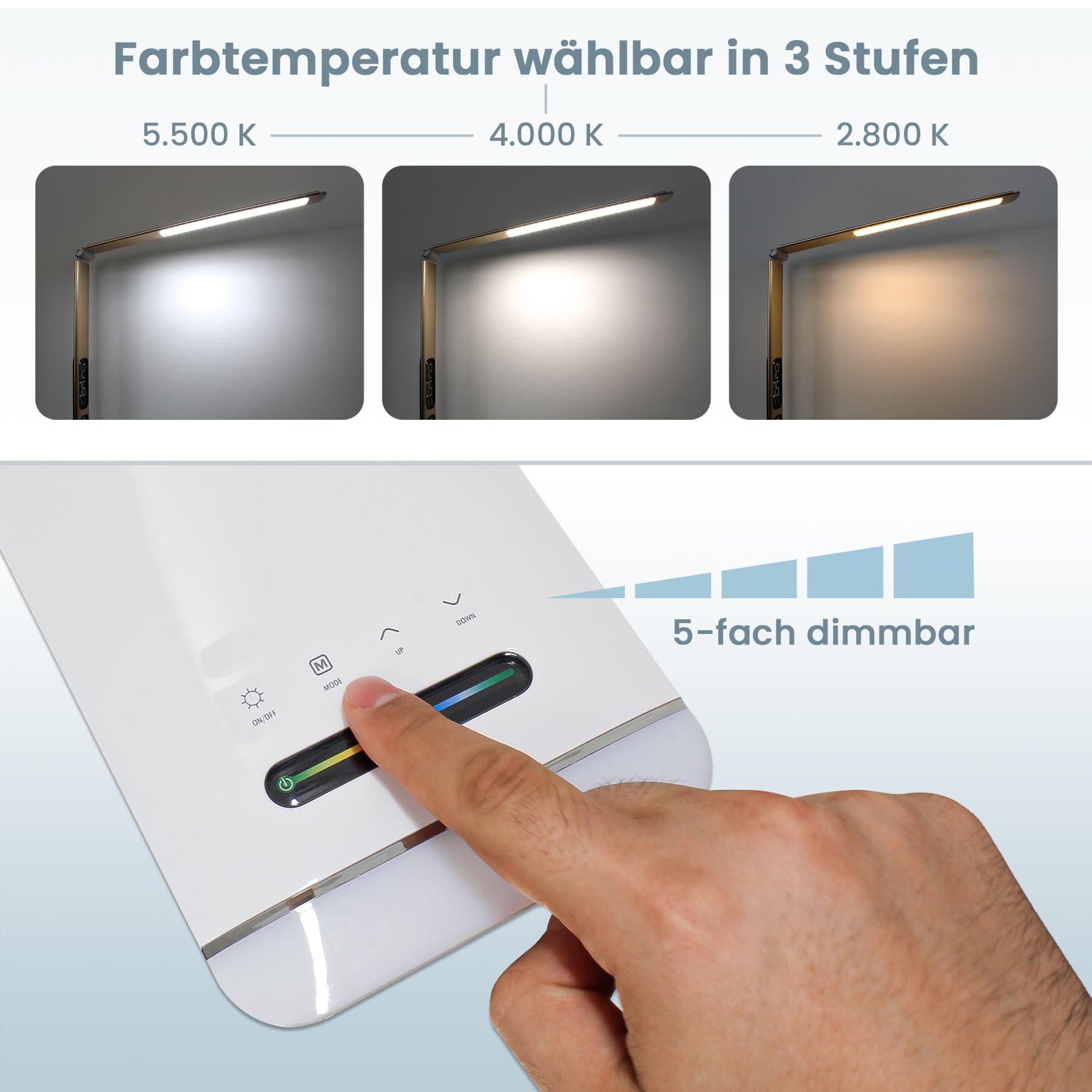Eaxus LED Schreibtischlampe 12 Watt mit RGB-Farbwechsel, Tischlampe dimmbar 500 lm, Lampe mit Touch-Funktion, Uhr, Kalender & Temperaturanzeige, Büro Tischleuchte, Schreibtisch Zubehör, Kupferfarben