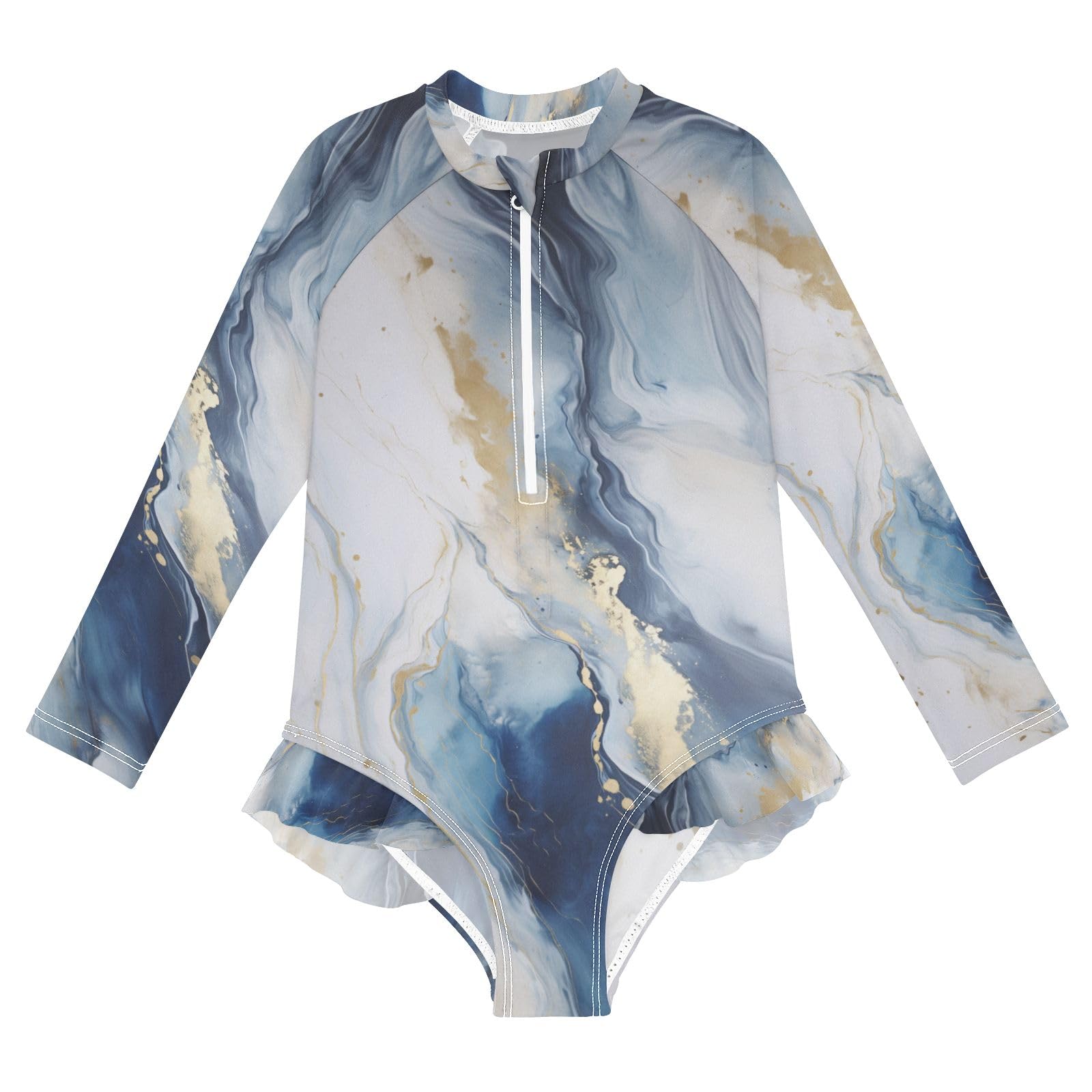 ALAZA Swimsuit for Girls Long Sleeve Rashguard Bathing Suit Marble White Blue Quick Dry 4T