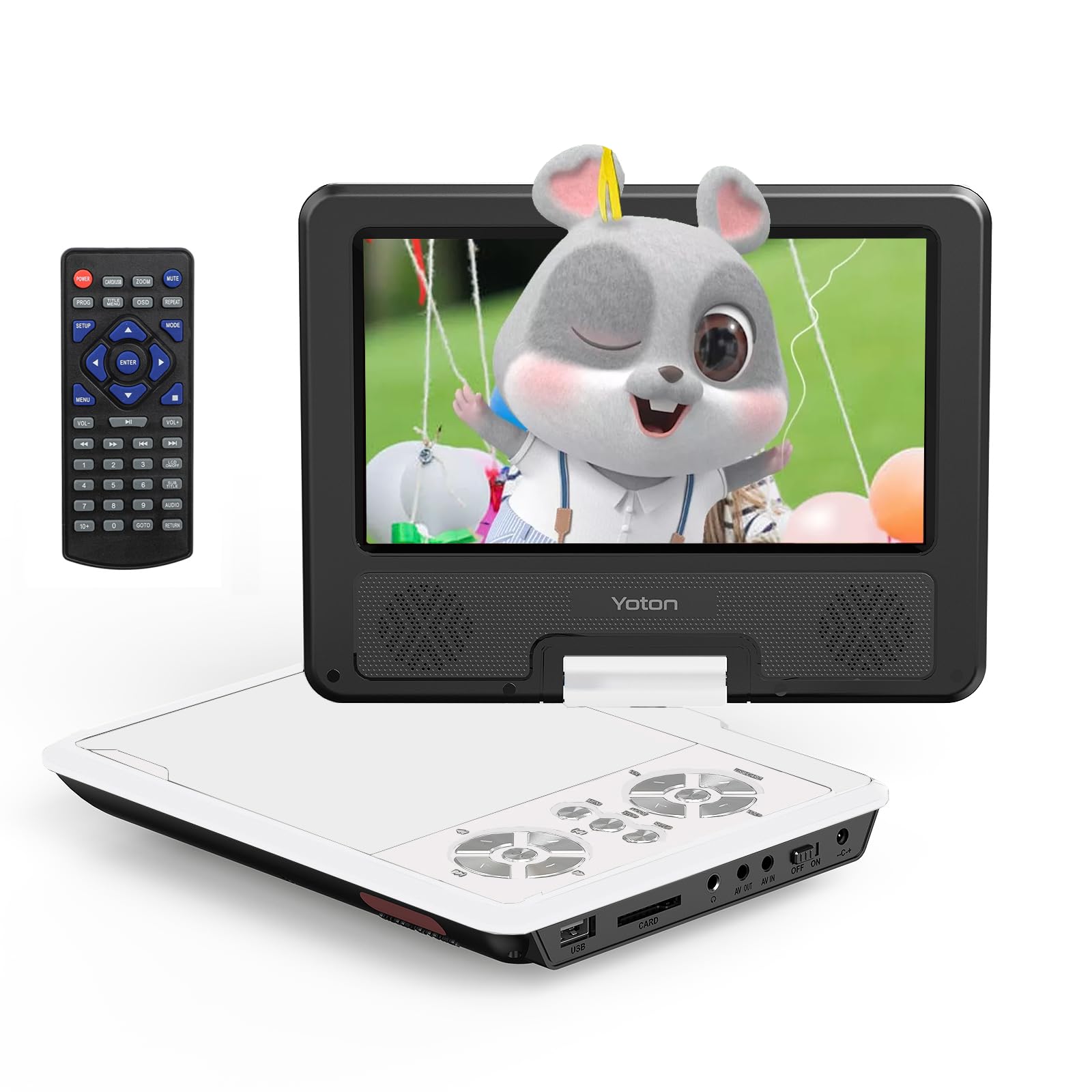 Yoton 9,5" Tragbarer DVD-Player für Kinder im Auto mit 7,5" HD-Schwenk Bildschirm, Stereo-Lautsprechern, 6 Stunden Akkulaufzeit, Sync-TV/USB/SD-Karten-Unterstützung, Weiß [Kein Blu-ray Support]