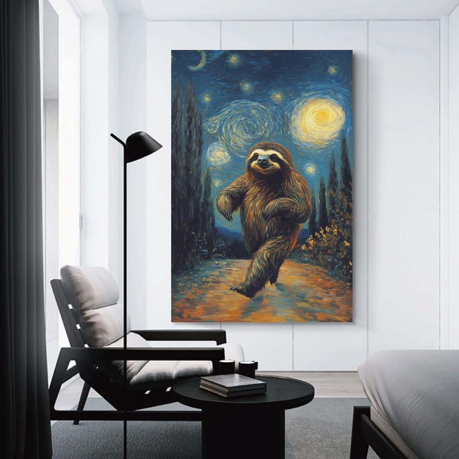 Junmoney Unframe-Style Sloth In Starry Night Poster, Picture, Metal Print, Paint By Tesiga Wall Picture Print, 24X36inch(60X90cm), For Lounge, Study, Hallway Or Flat Walls, Canvas Wall Art That Fits Changing Layouts