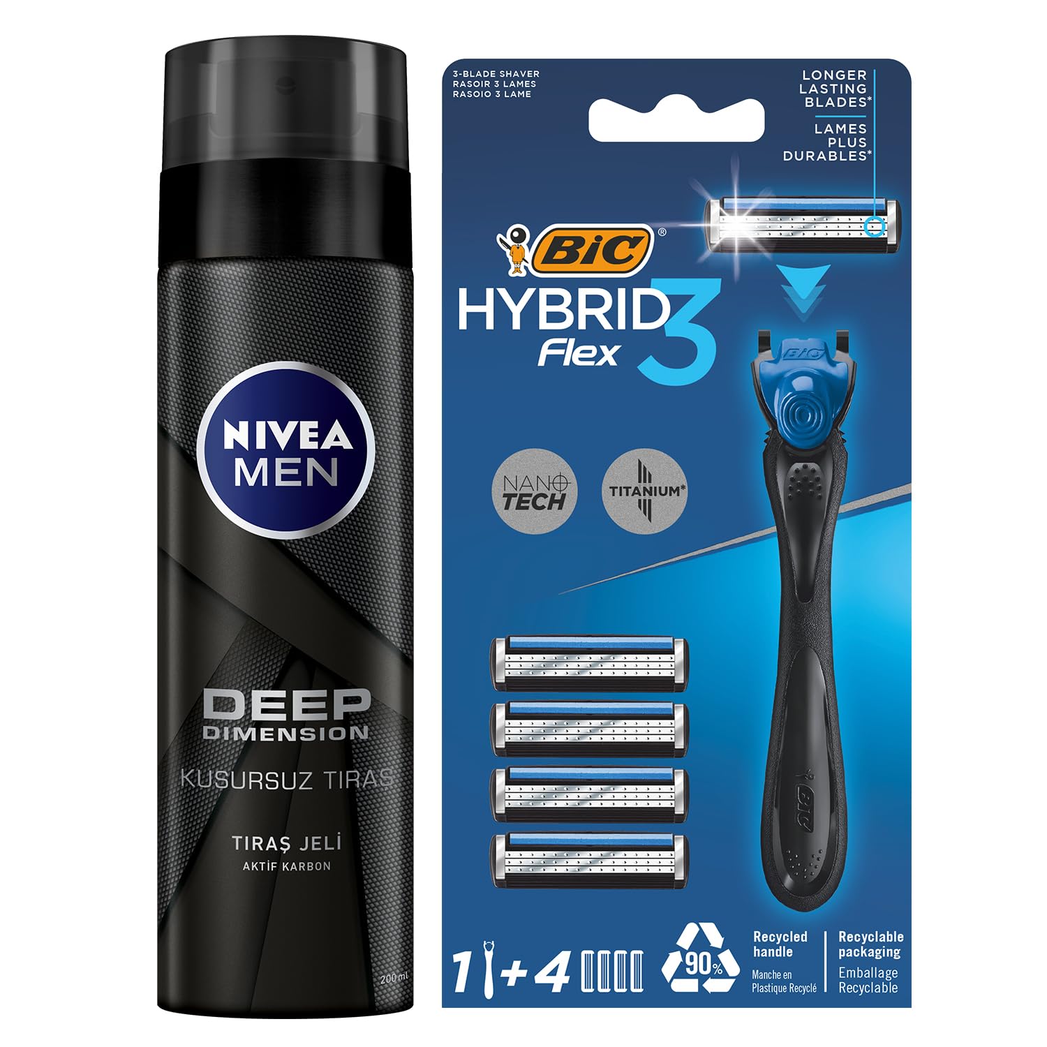 NIVEA MEN Erkek Tıraş Jeli Deep Dimension 200ml + BIC Hybrid 3 Flex Erkek Tıraş Bıçağı 1 Sap ve 4 Yedek Başlık (3 Bıçak)