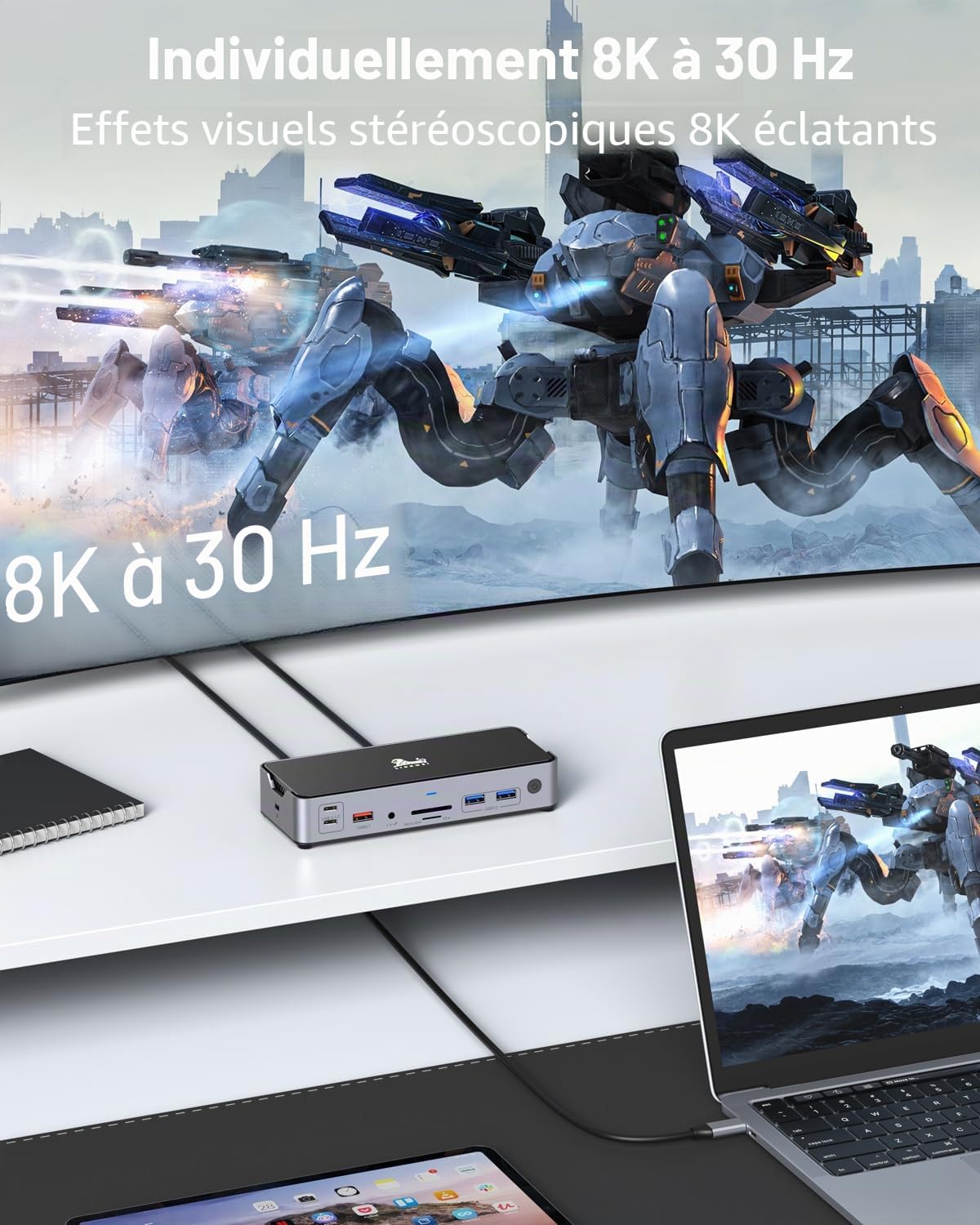 Station d'accueil USB-C 65W 1m Câble Dock 2xHDMI DP 8K 15-en-1 Dual Monitor 4K DisplayPort 10Gbit/s USB 3.1 100W PD RJ45