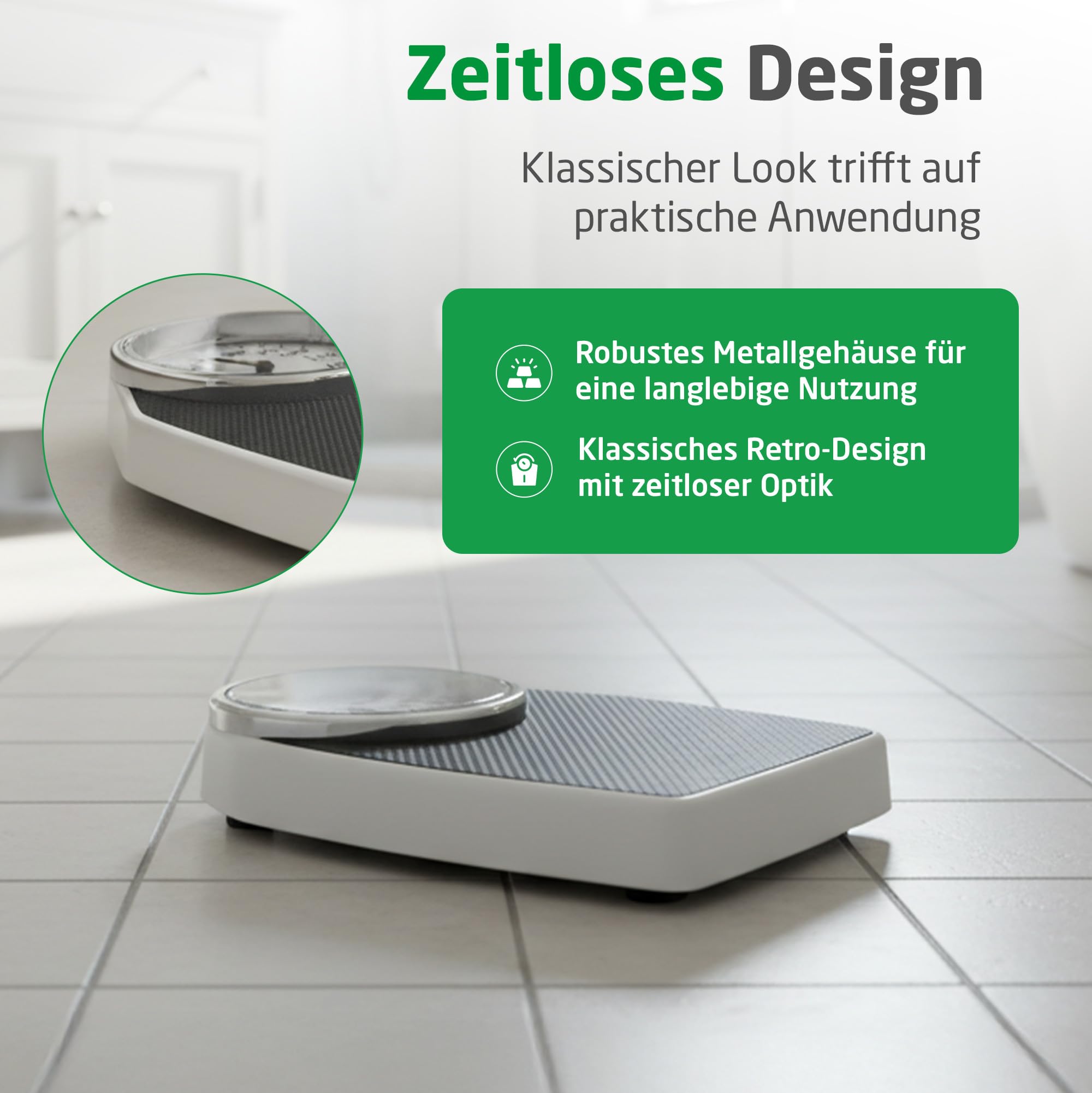 medisana PSD mechanische Personenwaage bis 150 kg, Körperwaage analog, Retrowaage im klassischem Design und großer Skala in frustfreier Verpackung und verstärkter Glasabdeckung
