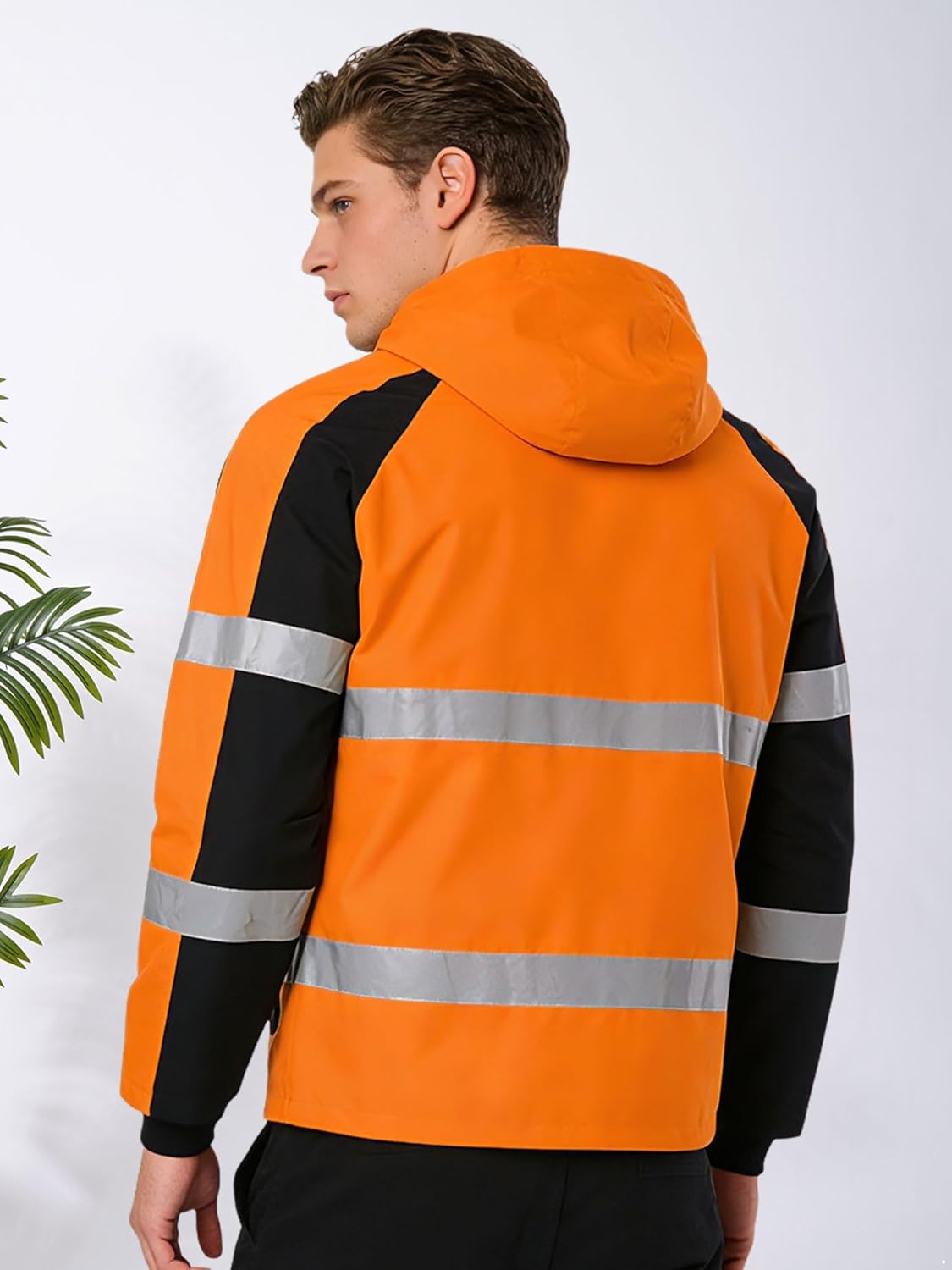 TiaoBug Mens Reflective Work Hooded Jacket Color Block Zipper High Visibility Hoodie Cycling Safety Coat Police
