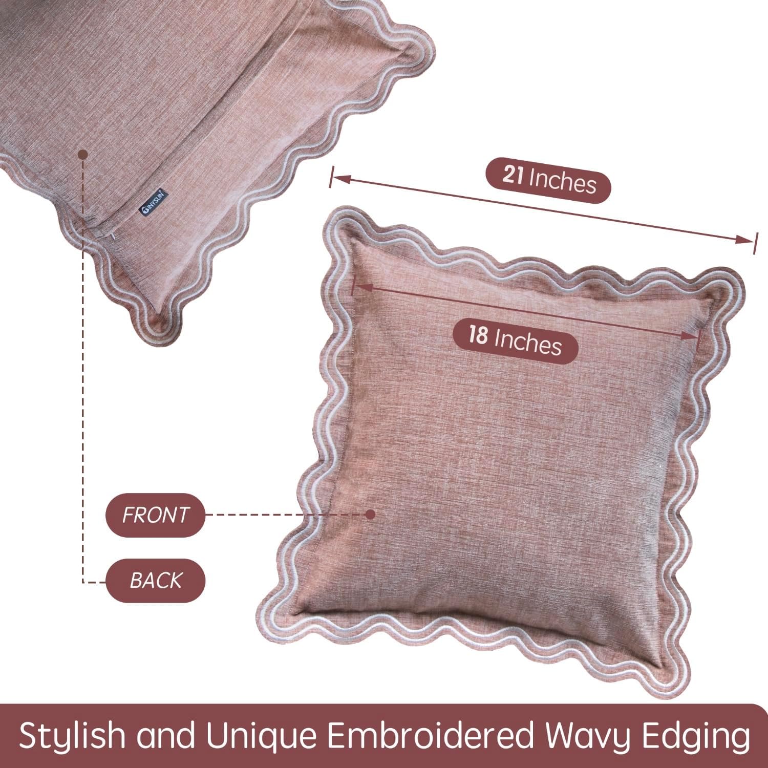 TINYSUN Scalloped Decorative Pillow Covers - Set of 2, Double-Sided Embroidered Scallop Design, Premium Chenille Cushion Covers for Living Room Sofa Couch Bed(Dusty Pink,18x18 Inch)