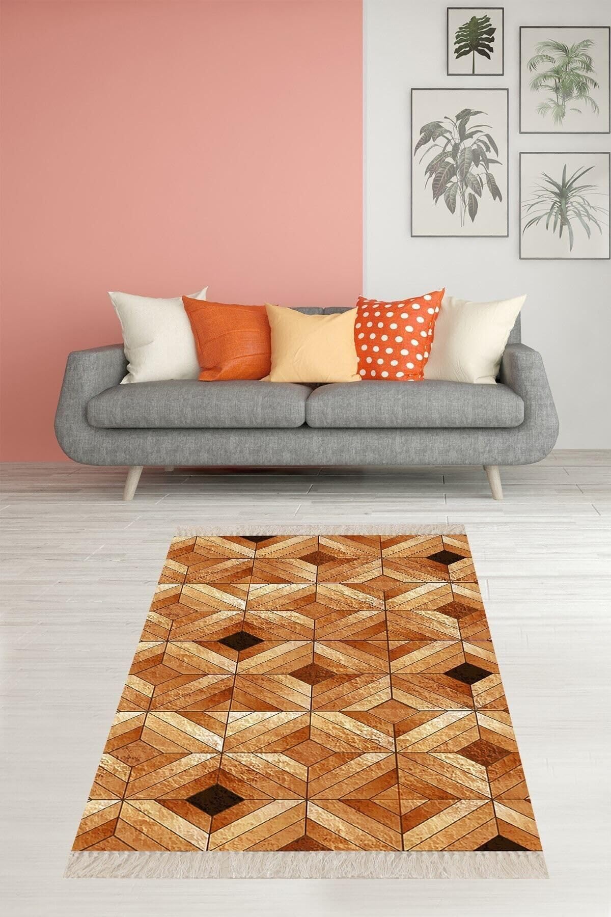 Pelangi Geometrik Desenli Karo Motif Dijital Baskı Yıkanabilir Kaymaz Taban Modern Salon Halısı Turuncu, Turuncu 160 x 230