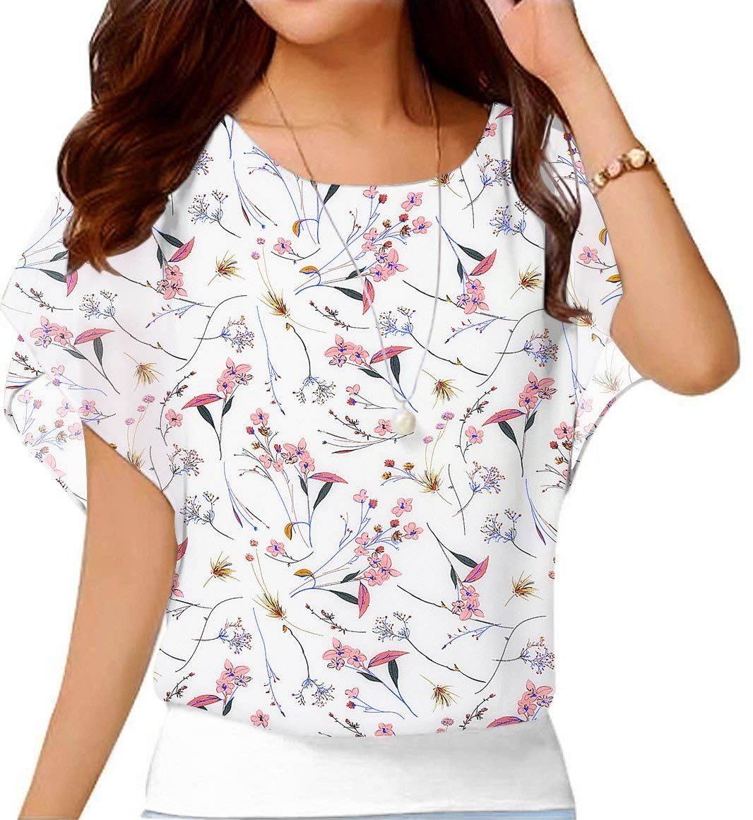 Neineiwu Oberteil Damen elegant Batwing Bluse Shirts Kurzarm Tunika Blumen Rundkragen Bluse