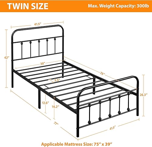 Miniatura 2 de Topeakmart Marco de cama de metal de estilo victoriano tamaño individual con cabecero, base de colchón, no necesita somier, almacenamiento debajo de
