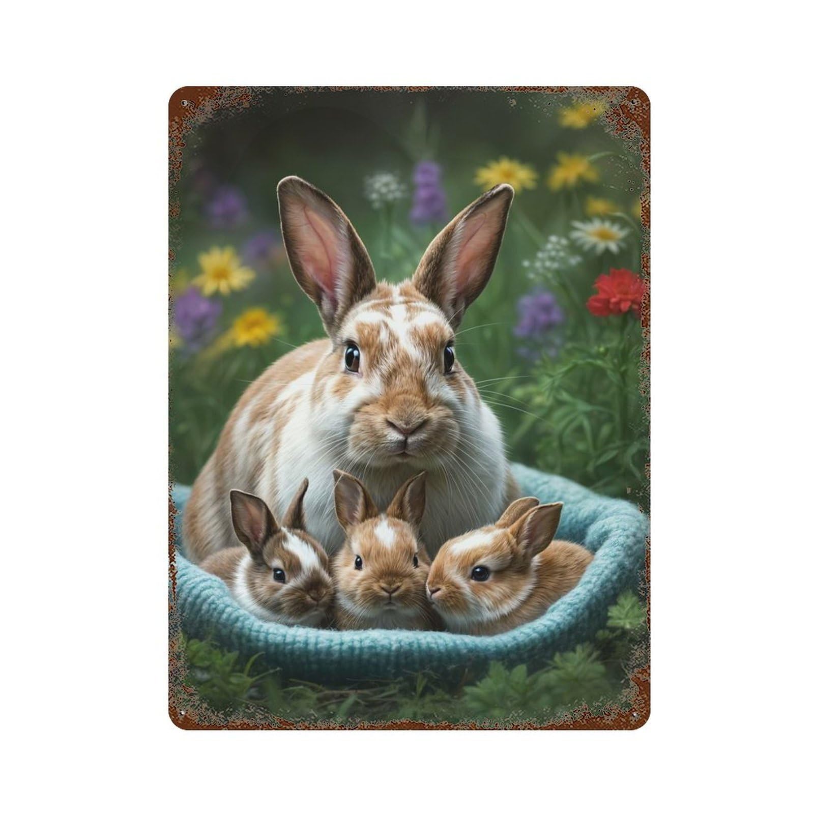Mother Rabbit with Bunnies Rust Effect Tin Sign 15.7"x11.8", Ideal for Shed, Workshop And Garage Wall Decor