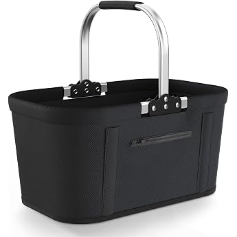 Yeabett 30L Foldable Shopping Basket with 4 Support Bars Black Sturdy carry basket and picnic basket large folding basket 46 x 27 x 25 cm padded handles for shopping travel camping