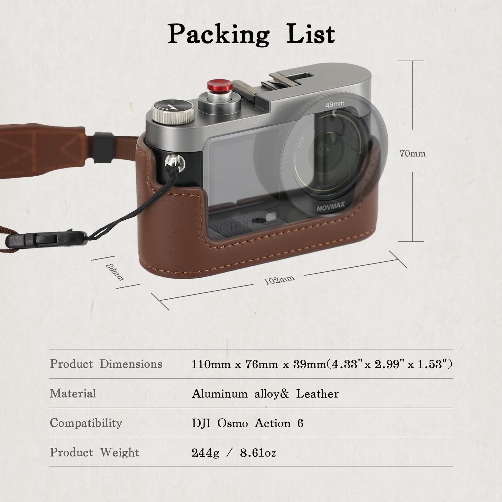 Klatka na aparat w stylu vintage z uchwytem retro do Action6, klasyczna fotografia uliczna, aluminiowa rama aparatu ręcznego z zimną stopką i uchwytem 1/4 (kompatybilna z DJI Action 6)