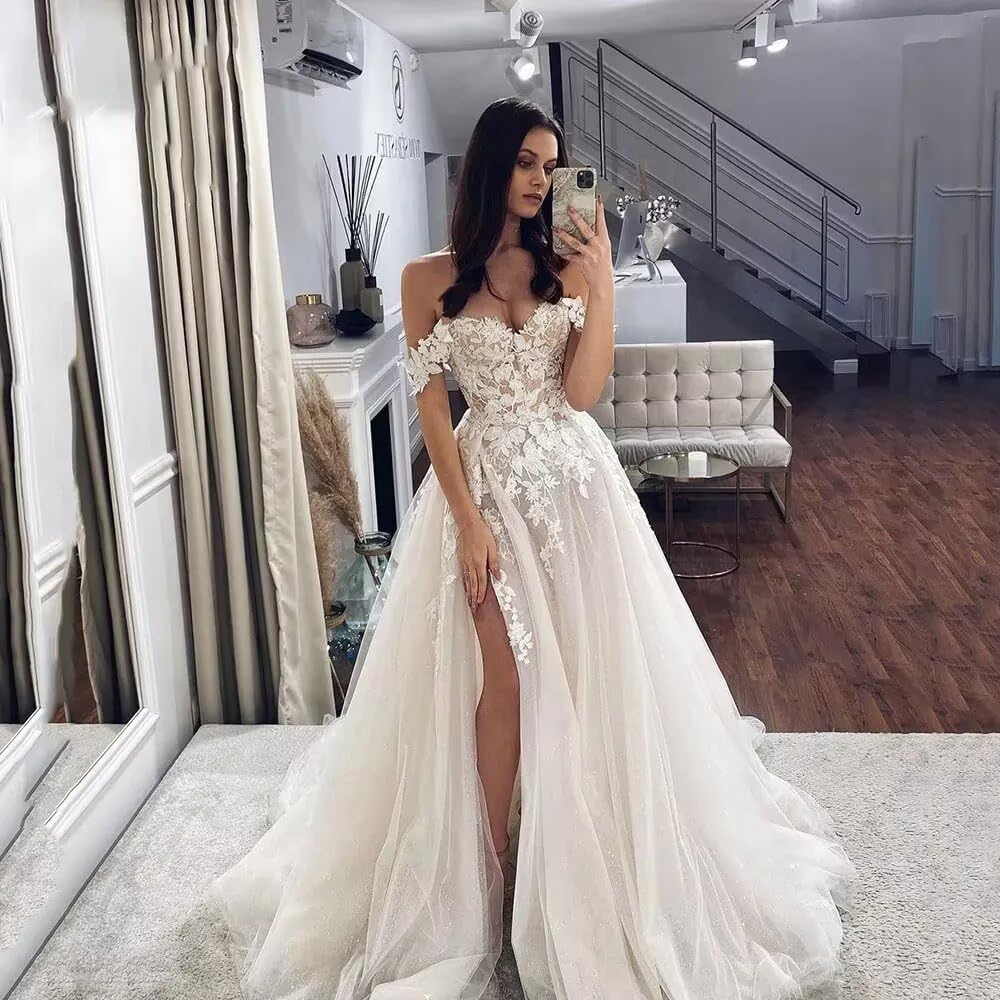 A-Line Off Shoulder Wedding Dresses for Women Bride Plus Size Split Silk Lace Bridal Ball Gown with Train