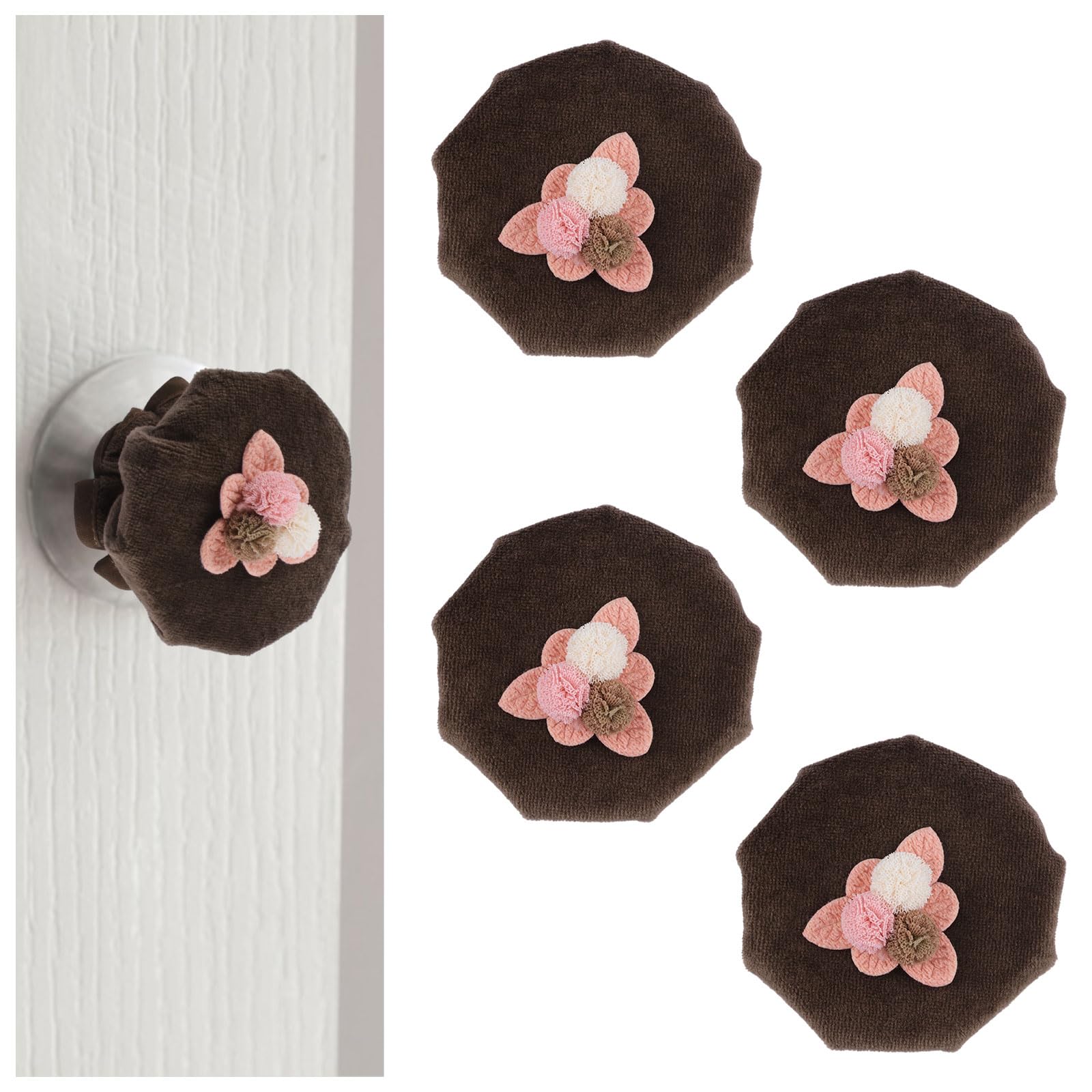 UFUFMATE Brown Floral Decorative Door Knob Covers, 4Pcs Cushion Door Knob Protector with Anti-Collision Strip for Closet and Drawer(80MM)