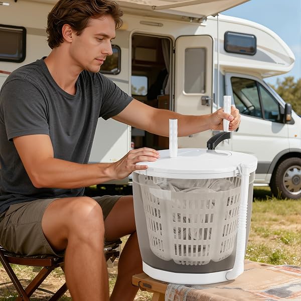 2-in-1 Manual Washing Machine, Hand Crank Washer with Spin Dryer & Suction Cup Base, Portable Mini Washer for Camping Dorm Travel, No Electricity Laundry Machine 2kg Capacity (Light Grey) - 2