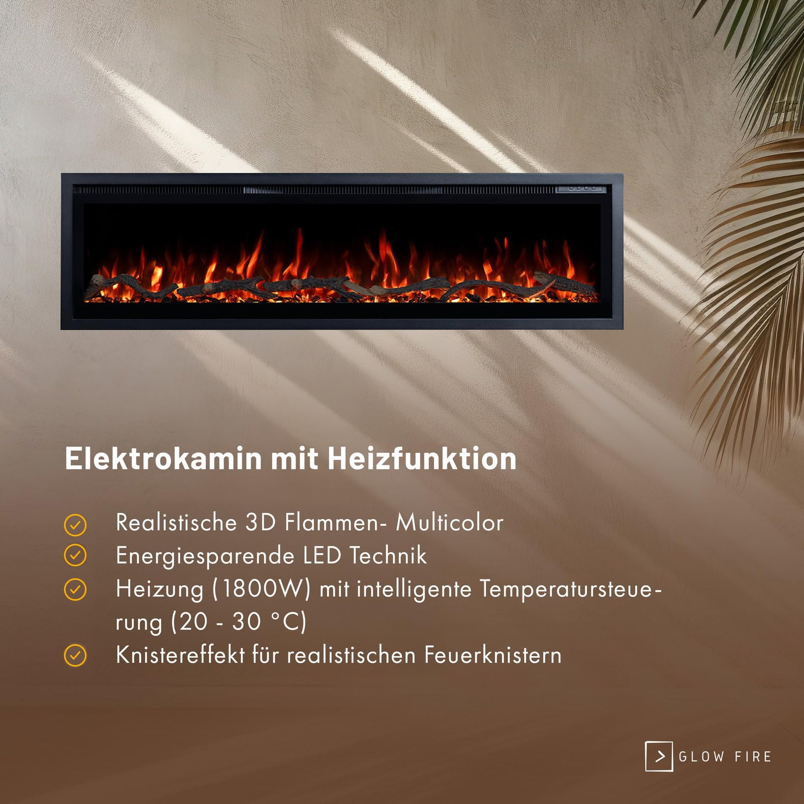 GLOW FIRE Kominek elektryczny Core 127 z realistycznym ogniem LED 3D – ścienny kominek elektryczny z ogrzewaniem i ogniem, sterowanie za pomocą aplikacji, efekt trzaskania i timer, maks. 1800 W, 127 x