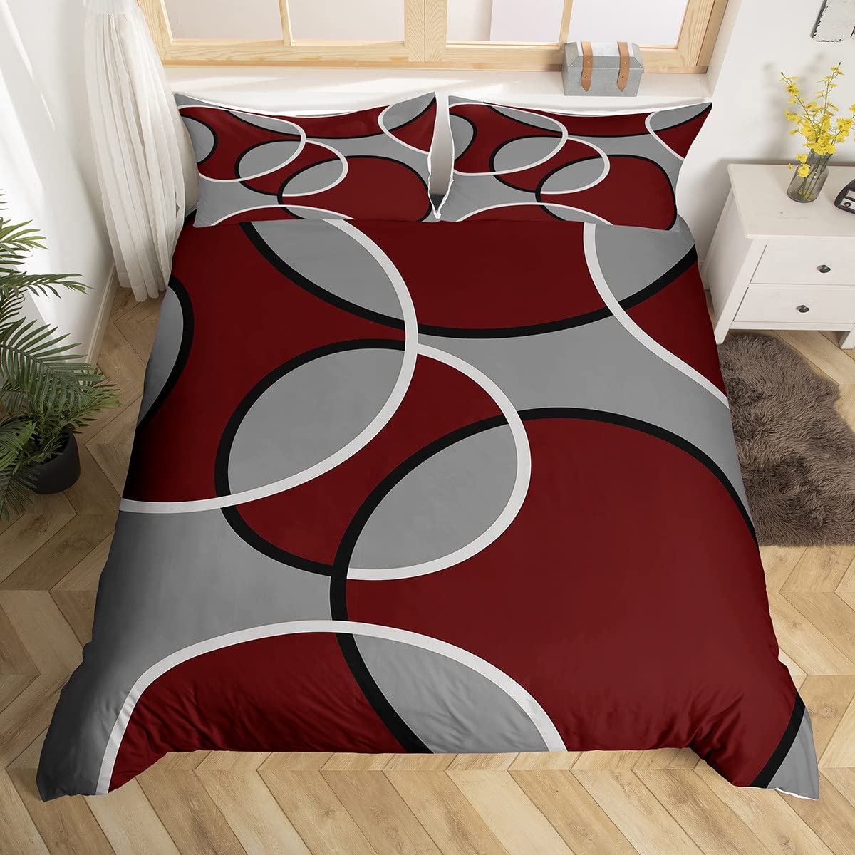 Housse de couette pour enfants lit double : parure géométrique gris rouge pour relooker leur lit