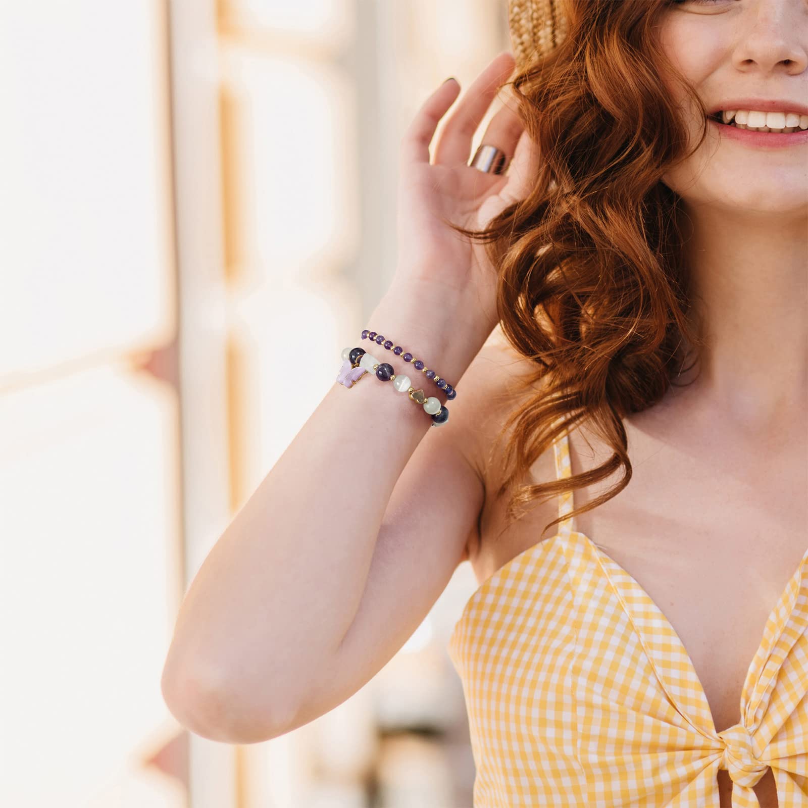 Braccialetto di Ametista per Donna, Braccialetti Anti-ansia con Perline di Ametista, ciondoli a Farfalla, Braccialetti a Strati di Pietre per Donna