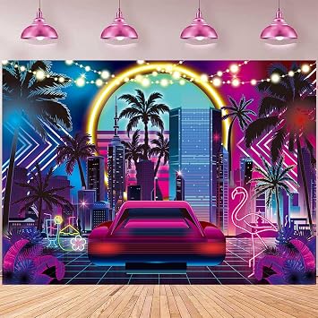 Summer Disco Backdrop 10x8FT Neon Glow Tropical Flamingo Palm Tree Retro 70s 80s 90s Photography Background Night Club Birthday Party Decorations Photo Props