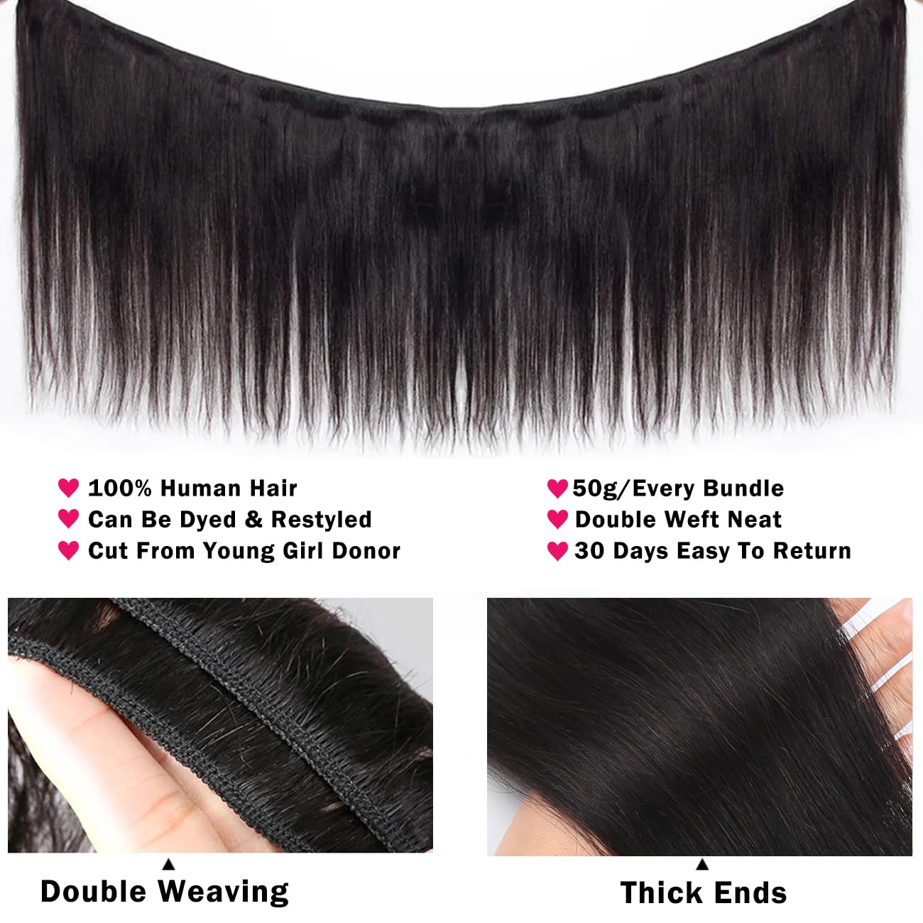Straight 3 Bundles Human Hair 16 18 20 Inch 100% Unprocessed Brazilian Virgin Human Hair Bundles Double Weft Weave Straight Hair 70g/Bundle Natural Color