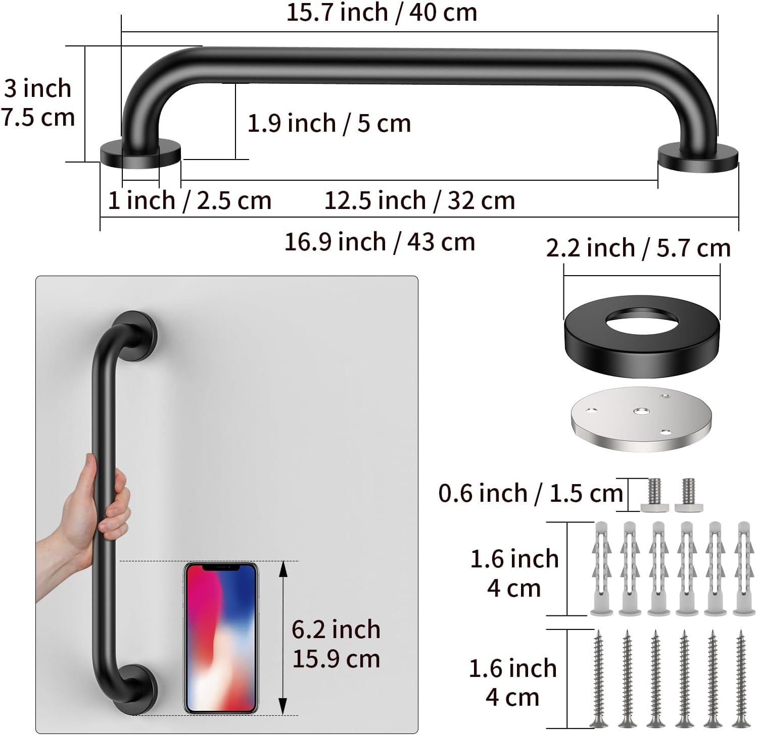 16 Inch Matte Black Shower Grab Bar-1" Diameter, iMomwee Stainless Steel Elderly Safety Bars, Bathroom Shower Balance Bar, Wall Handrail Support, Handicap Senior Disabled Pregnant Assist Bath Handle Black 16 inch