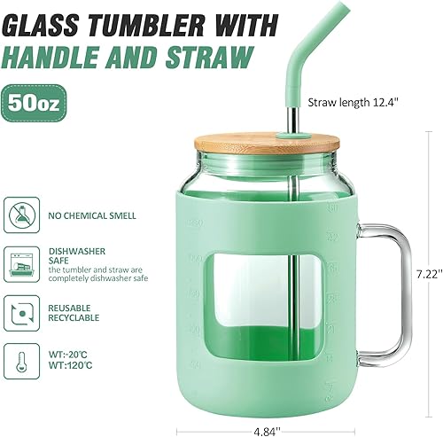 Miniatura 6 de Botellas de agua de vidrio de 50 onzas con funda de silicona, vaso de vidrio con tapa y popote, taza de café helado con asa, sin BPA, color verde