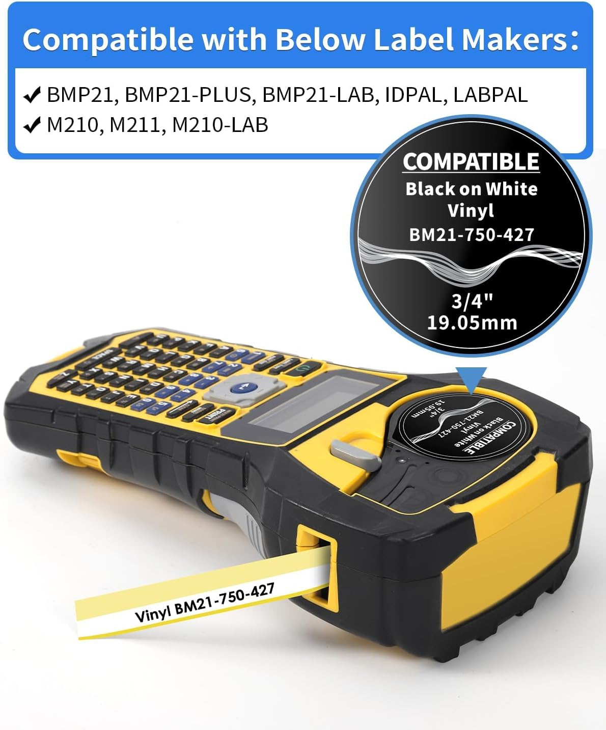 MarkDomain Etichette autolaminanti compatibili con avvolgimento filo, nero su bianco (1,9 x 14 ') per pannelli elettrici di controllo, funzionano con stampanti per etichette BMP21-PLUS, BMP21-LAB0
