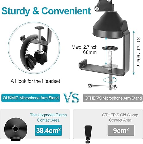 Miniatura 3 de Brazo de brazo, brazo de micrófono ajustable con 2 clips y filtro pop, escritorio con soporte de micrófono con adaptador de 38 a 58 pulgadas para