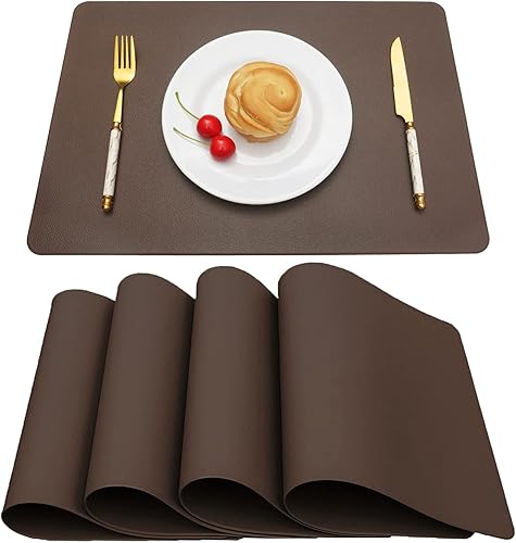 Vinjiasin Juego de 4 manteles individuales para mesa de comedor, de cuero marrón, para interiores y exteriores, impermeables, fáciles de limpiar,