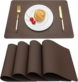 Vinjiasin Placemats Set of 4 Brown Leather Place Mats for Indoor Outdoor Kitchen Dining Table Mats Fall Waterproof Wipeable Easy to Clean Heat Resistant Sturdy Reversible