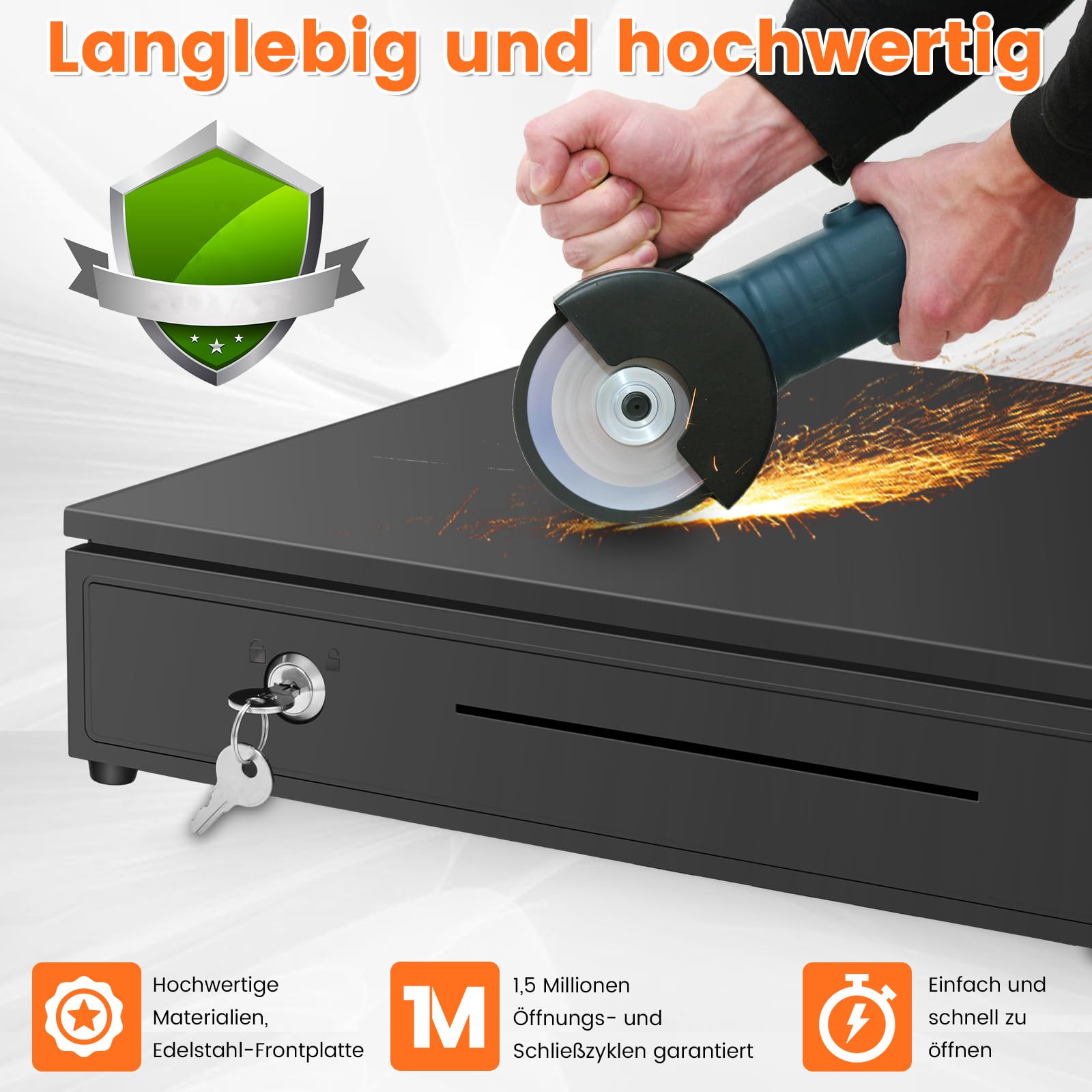 Kassenschublade 37×34×8 cm, 4 Banknoten- & 5 Münzfächer, RJ11/RJ12 Anschluss, 3 Öffnungsarten, Unterbau für POS System