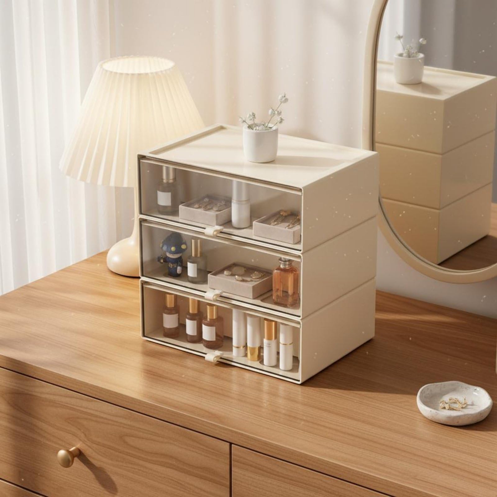 Desktop Aufbewahrungsbox Vitrine Schubladen Organizer Regal Rundumsicht für Figuren Und Deko Stabil Stapelbar Flexible Innenstruktur für Büro, Zwei Schichten Extra Groß + 2 Mittel