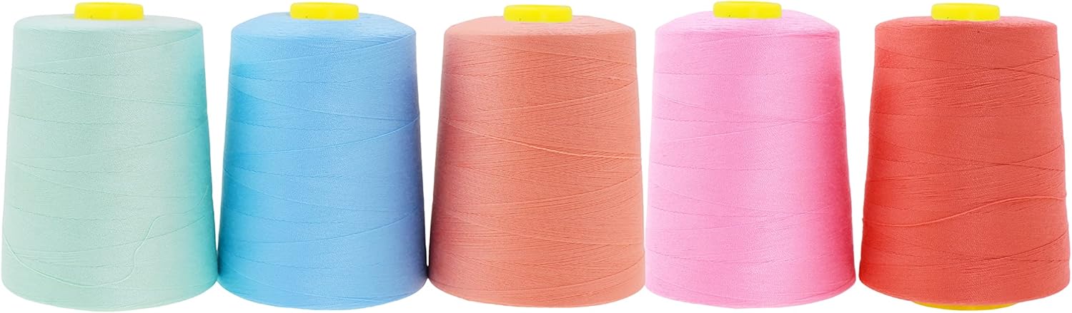 Mandala Crafts 5 Pack of Serger Threads Cones Spools - 20S/2 30000 Yards Polyester Pastel Threads for Sergers Machine and Overlock Quilting Sewing Machine