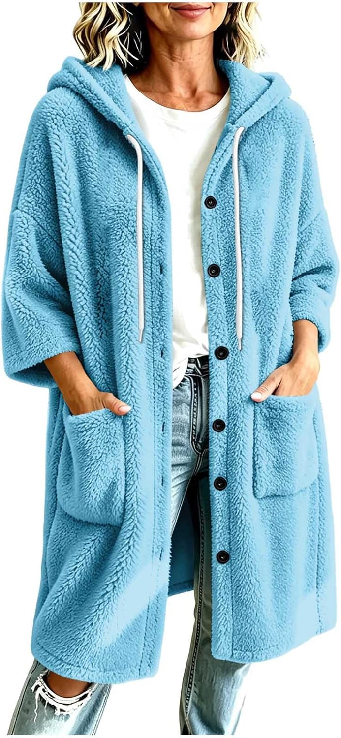 Women's Fleece Long Coat Hooded Button Front Casual Winter Jacket