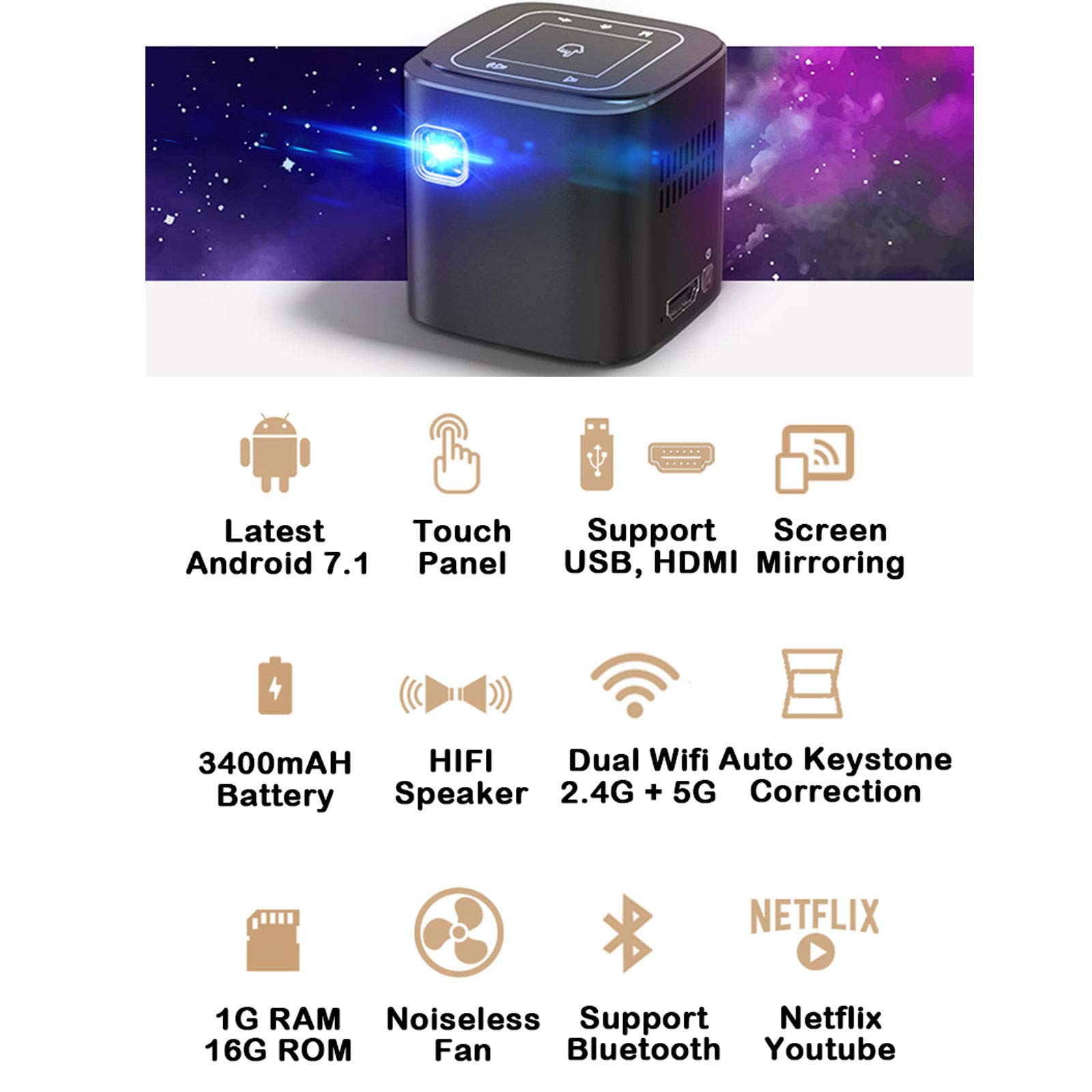 Mini Proiettore, Home Cinema Portatile, Proiettore DIP Tascabile, Supporta 1080p Full HD, 2500 Lumen ad Alta Luminosità, Batteria Incorporata e Funzione Power Bank, Regalo Perfetto per Bambini