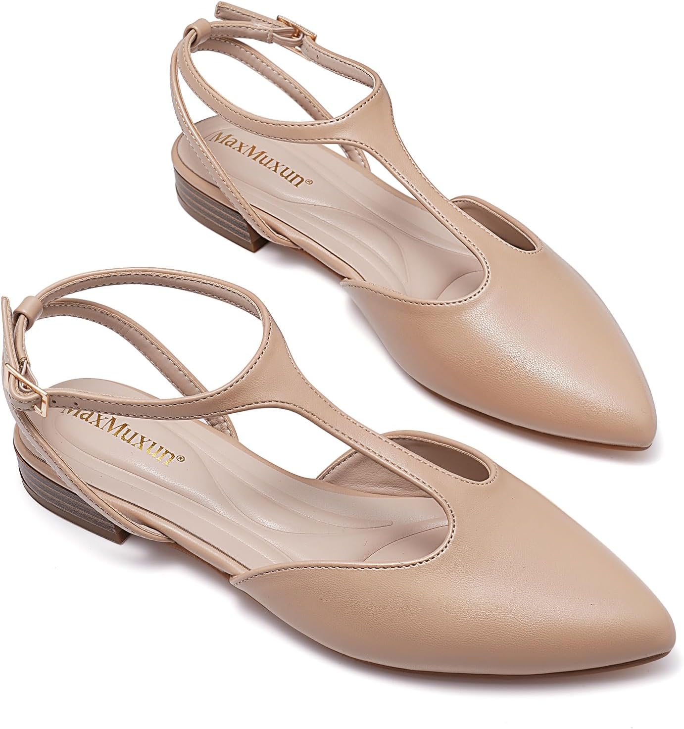 MaxMuxun Women's Ballet Flats Shoes Pointed Toe Ballerina Flats Comfortable T Strap Dress Shoes for Casual Wedding Office Party Business
