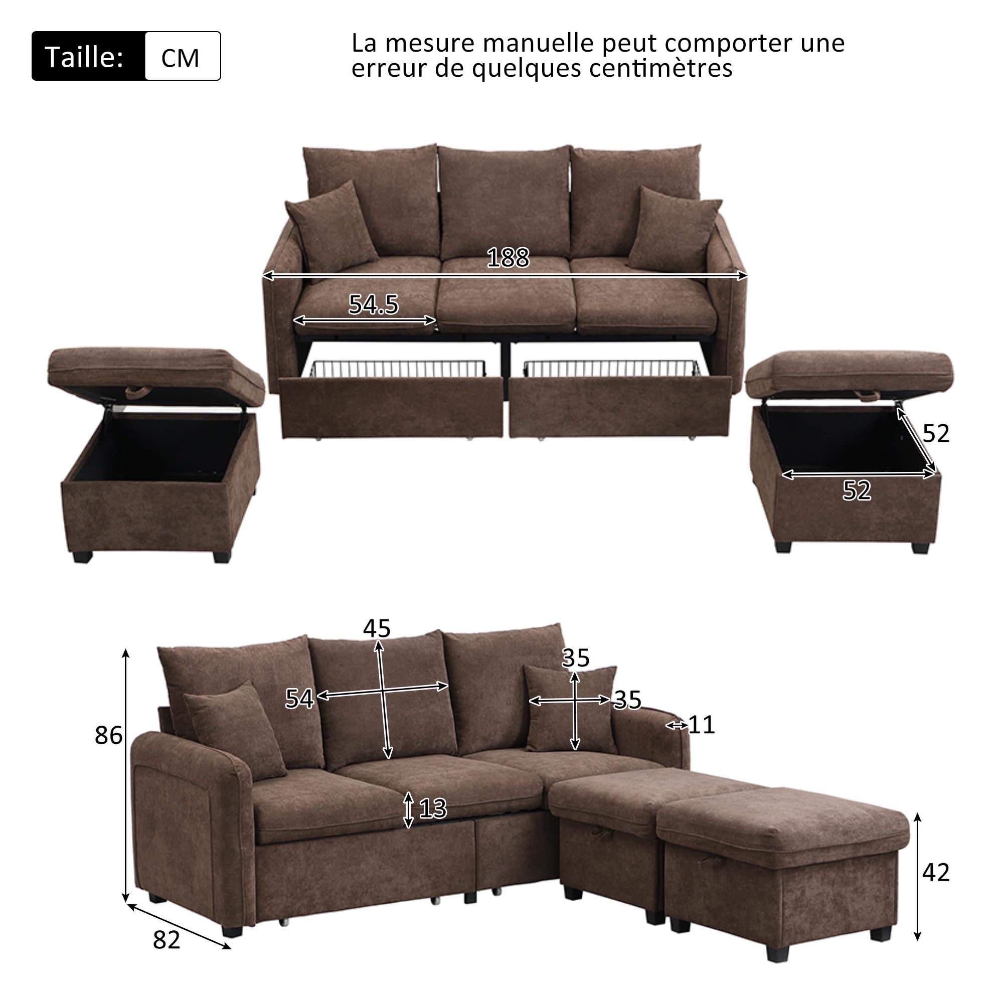 Canapé d'angle Convertible 3 Places avec Rangement, Canapé Modulable en Chenille avec 2 Poufs Coffres et 2 Tiroirs, Canapé en U Transformable en Lit de Salon Moderne pour Petit Espace, Bleu