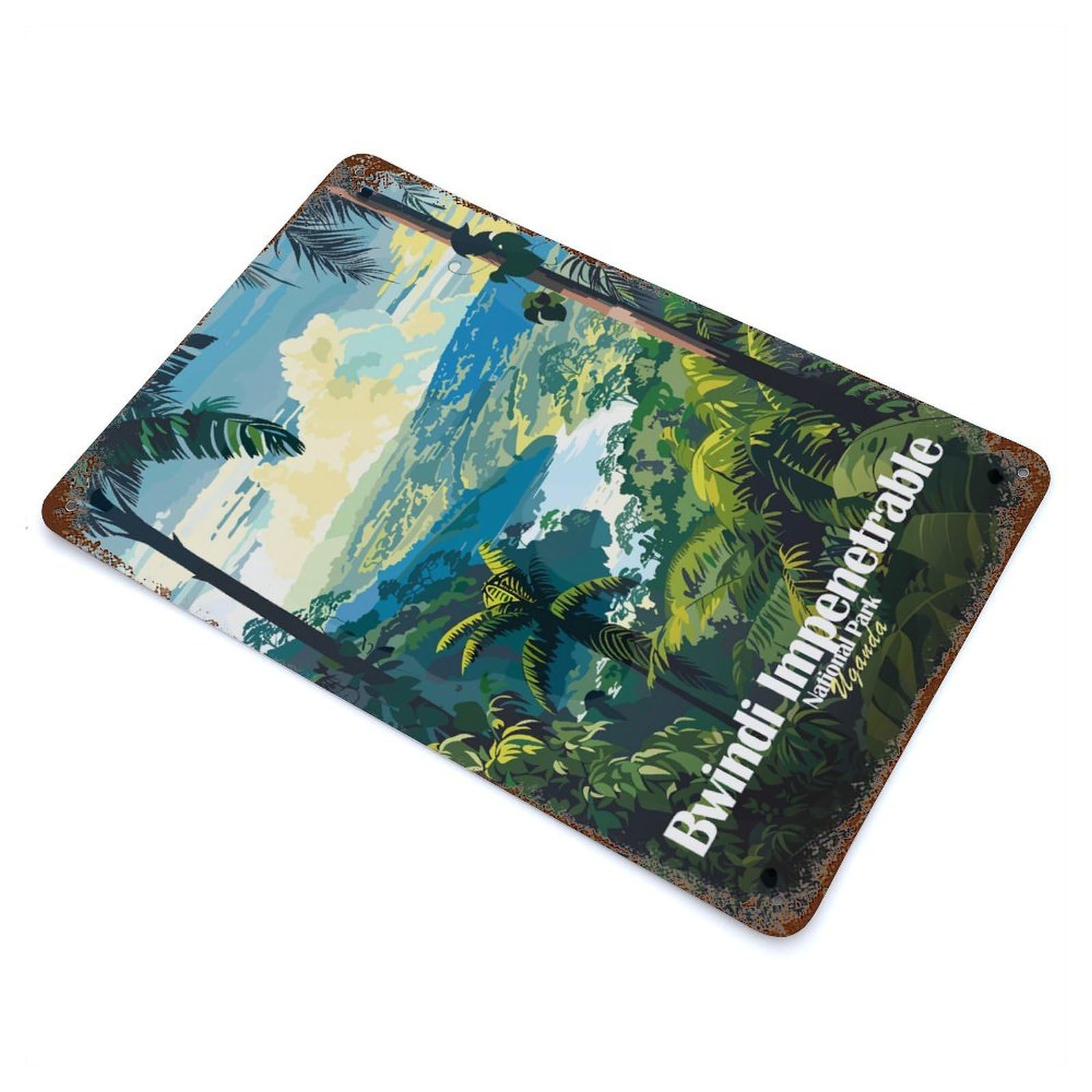 Aged Metal Wall Plaque with Bwindi Impenetrable National Park, Uganda Design 11.8"x7.9", for Cafe, Home Bar And Lounge Decor, Novelty Wall Decor