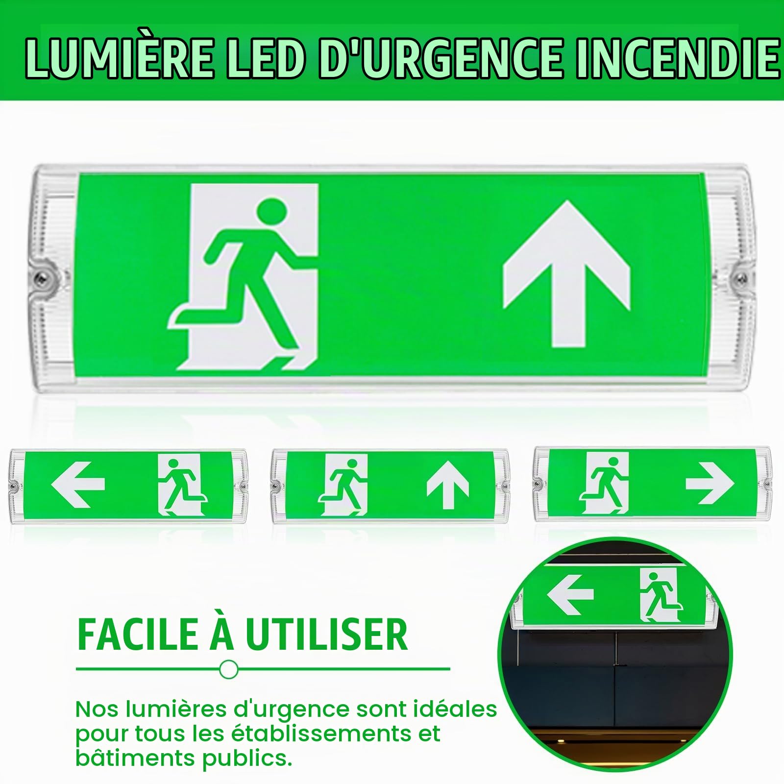 GOMETY Éclairage De Secours LED : Lumière De Secours Avec 4 Pictogrammes De Sortie, Éclairage De Secours Avec Batterie De Secours 3h, Luminaire Permanent Pour Établissements Publics (IP65, Blanc)