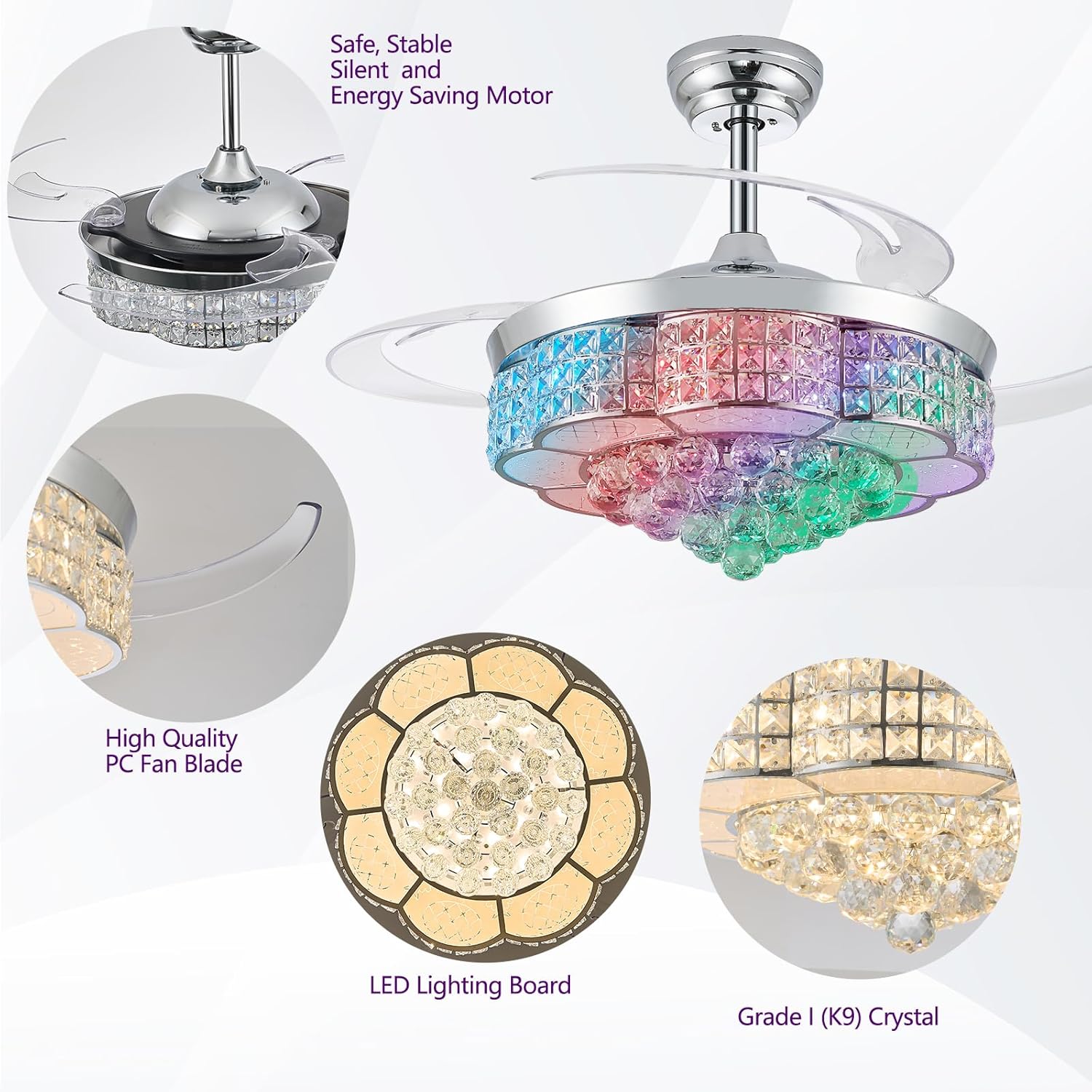 36" Retractable Crystal Ceiling Fan with Light, RGB Modern Fandelier 6 Speeds Reversible Blades Dimmable Chandelier Fan with Remote Silver