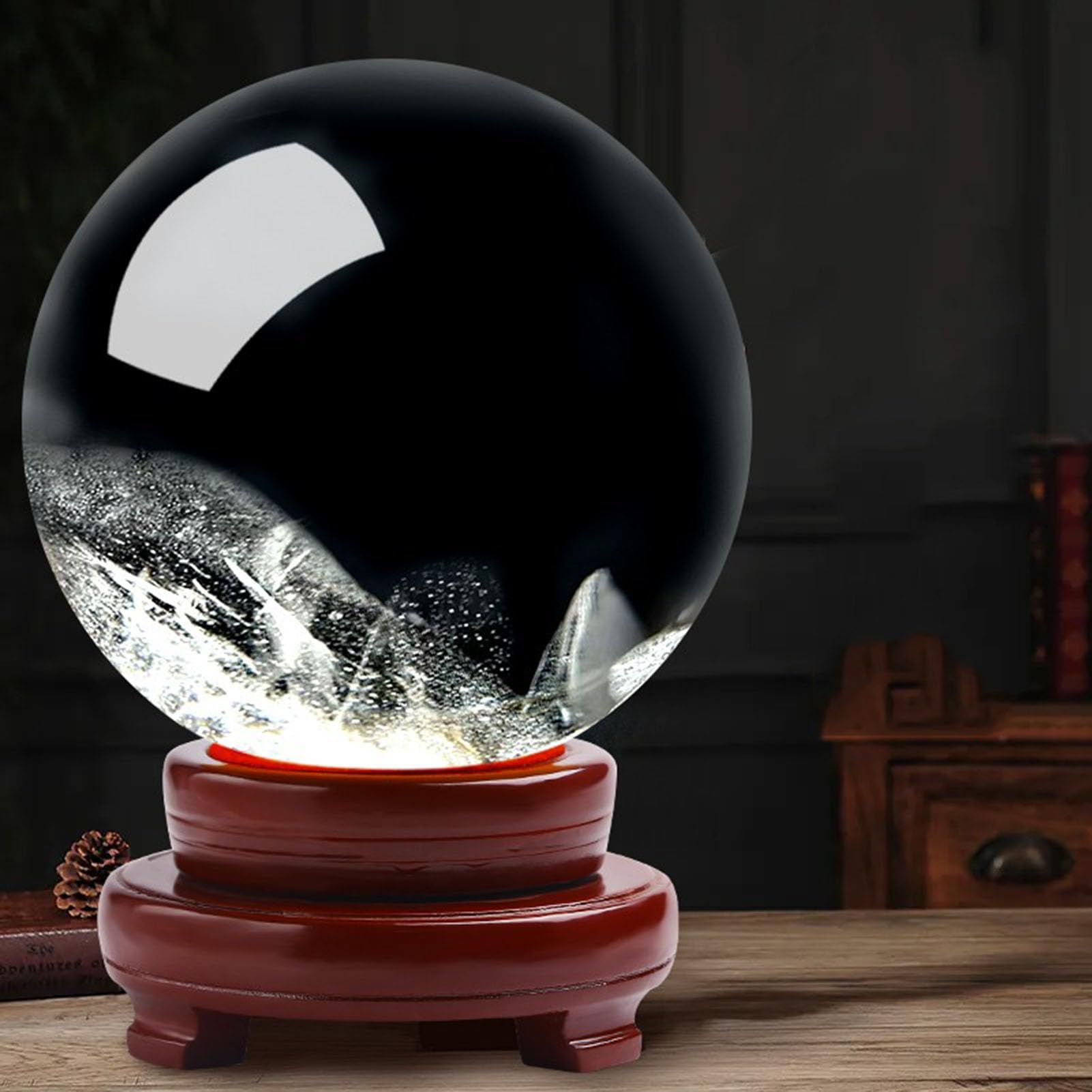 Sfera di Cristallo per Meditazione e divinazione Sfera di Cristallo Feng Shui, Sfera per Lenti, Sfera Decorativa con Supporto in Legno Trasparente per Decorazione Domestica,4CM