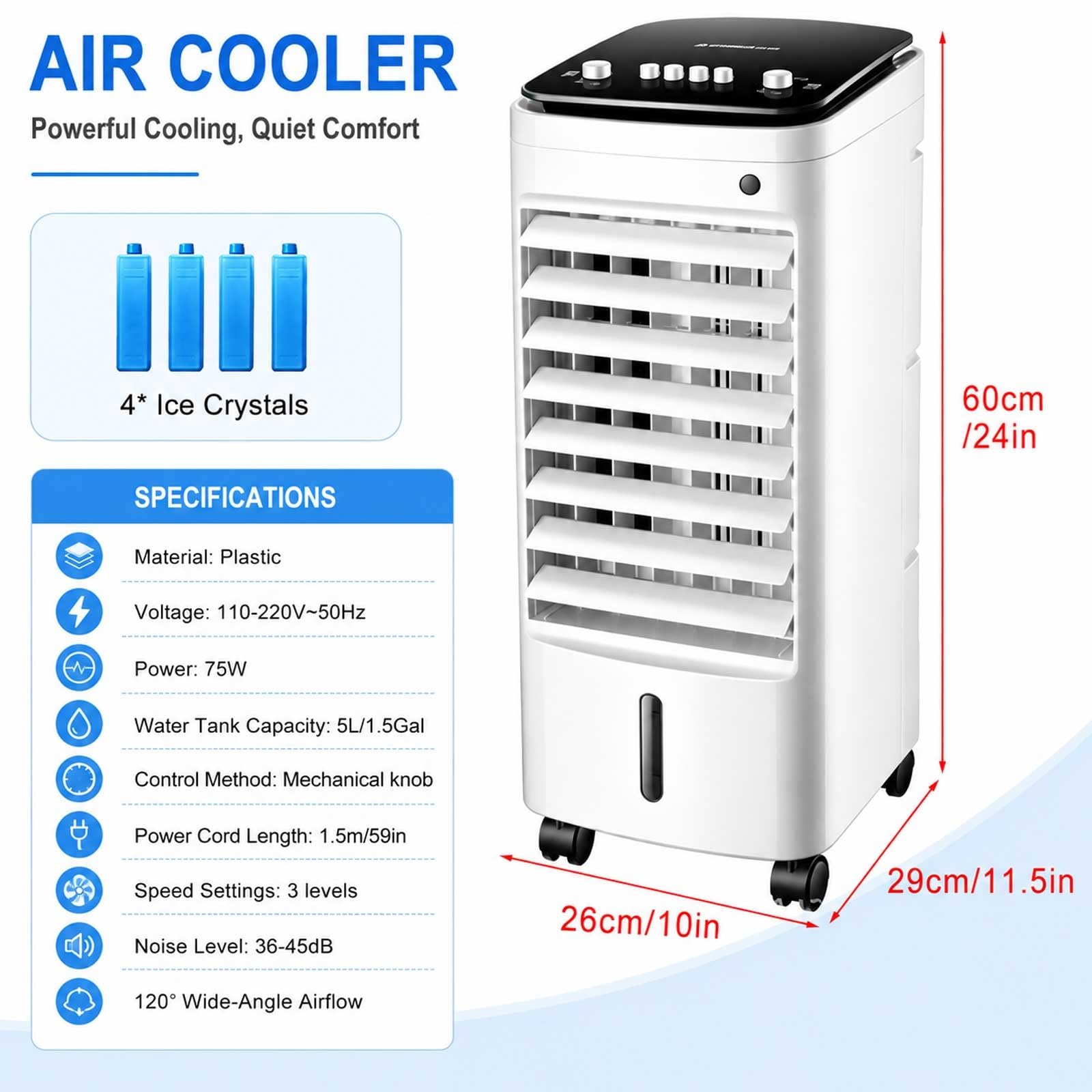 Climatizador Evaporativo, Aparatos Aire Acondicionado Portatil de 220 CFM con Flujo de Aire de Gran Angular de 120°, Depósito de Agua de 5 L, 3 Modos y Velocidades de Viento