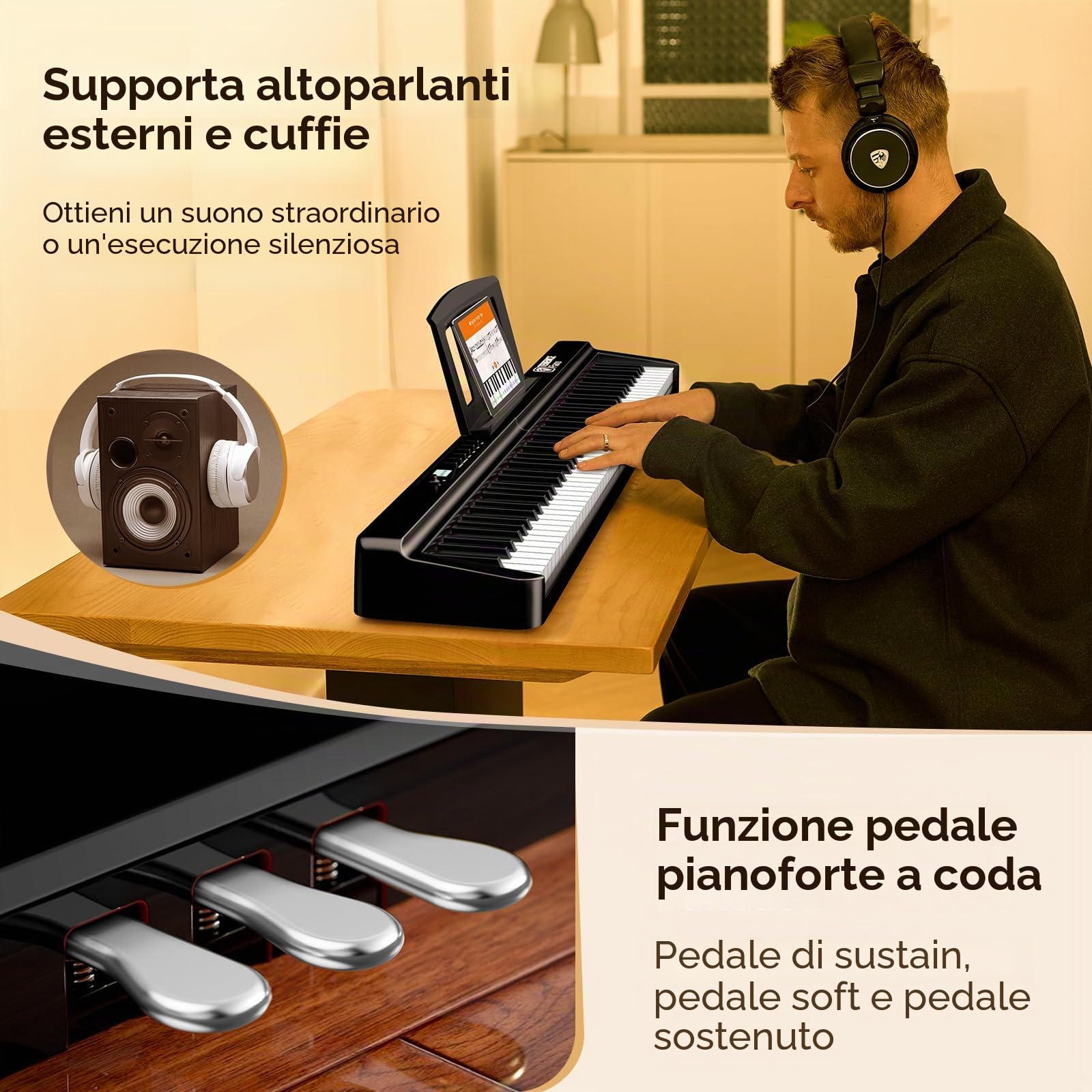 TERENCE Pieghevole Pianoforte Digitale 88 Tasti pesati con batteria da 2000 mAh Altoparlanti 2x25W Bluetooth e interfaccia MIDI supporto per spartiti Borsa adesiva Cavo audio con Pedale di sostegno